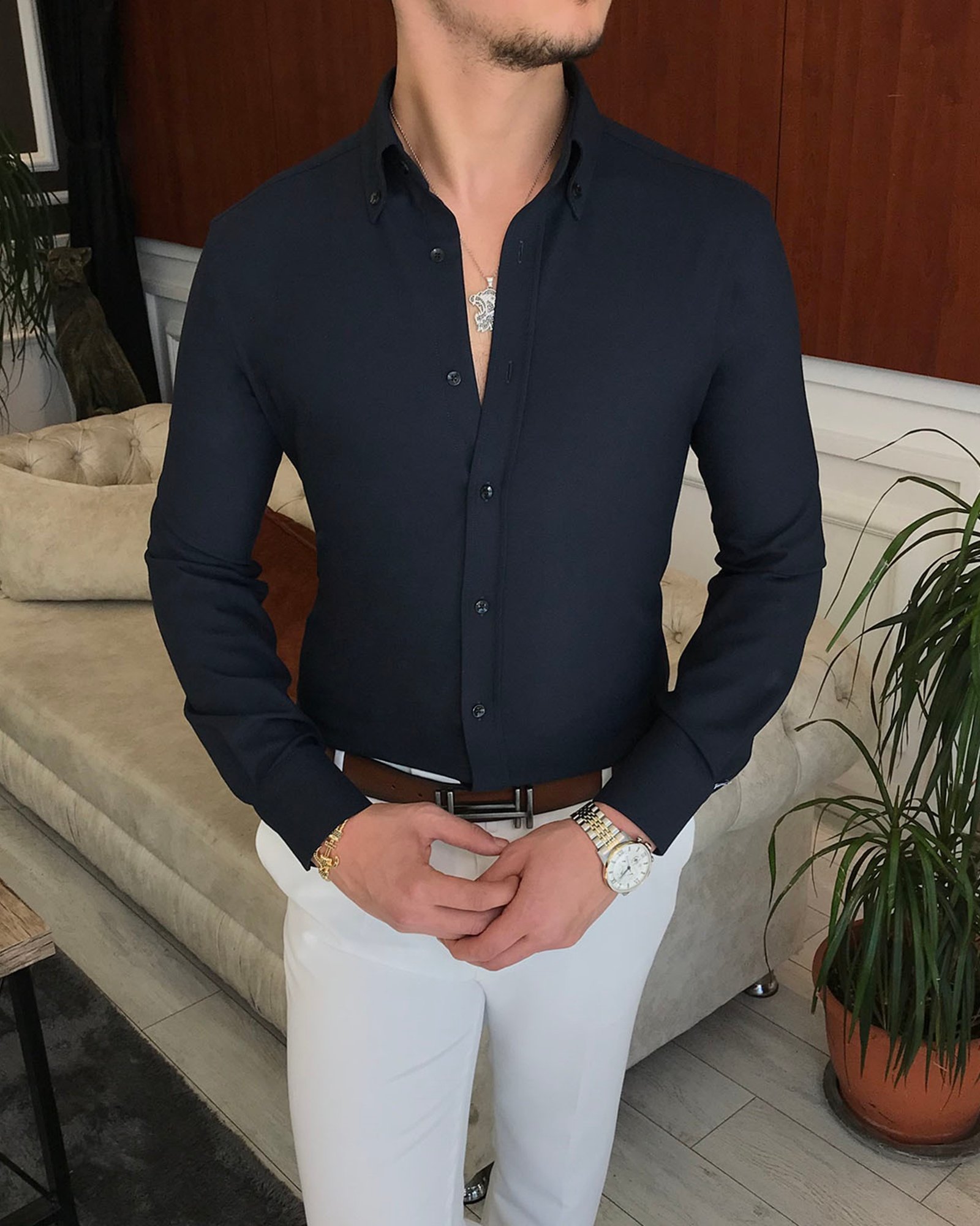 italyan stil slim fit erkek kışlık gömlek lacivert  T6710