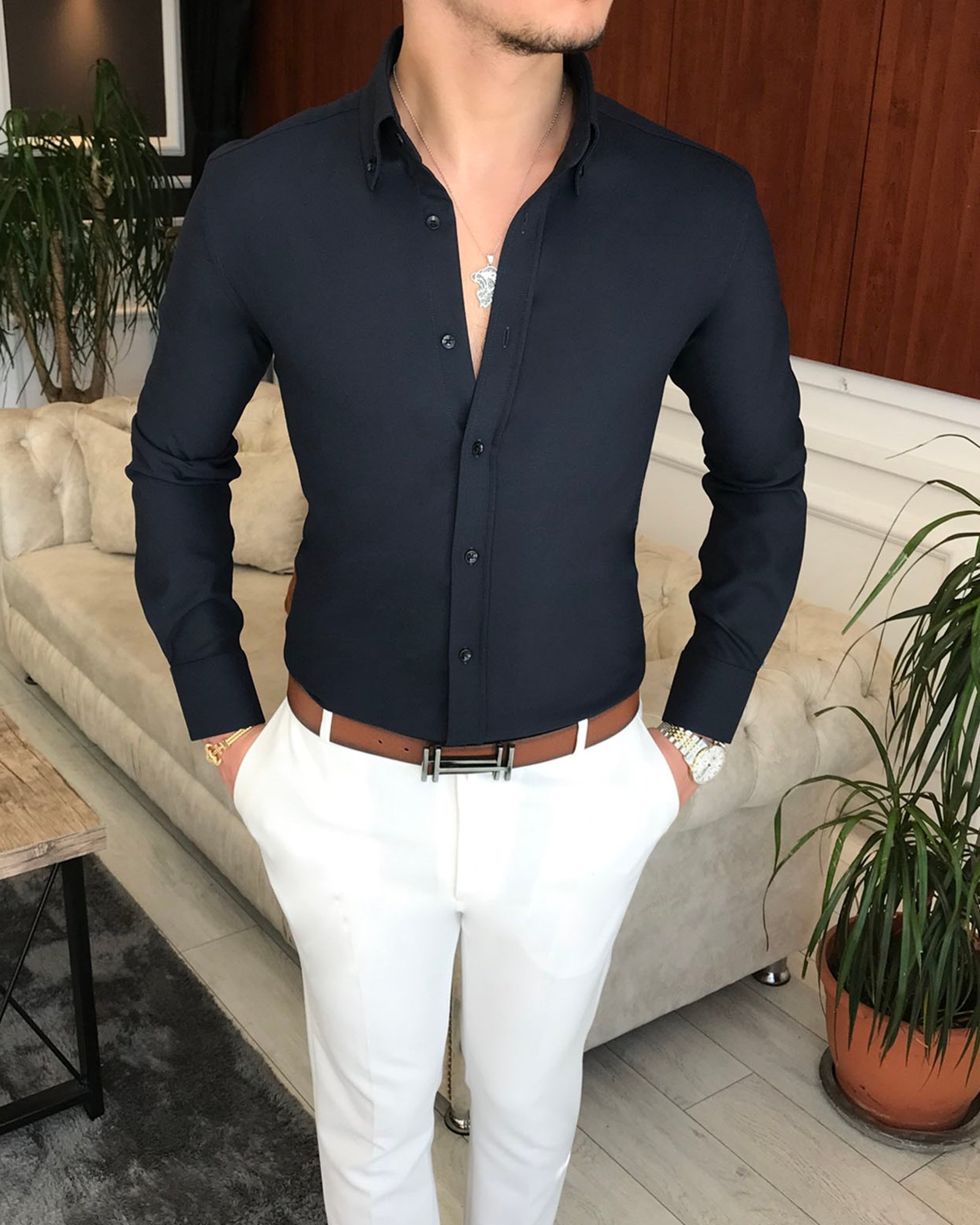 italyan stil slim fit erkek kışlık gömlek lacivert  T6710