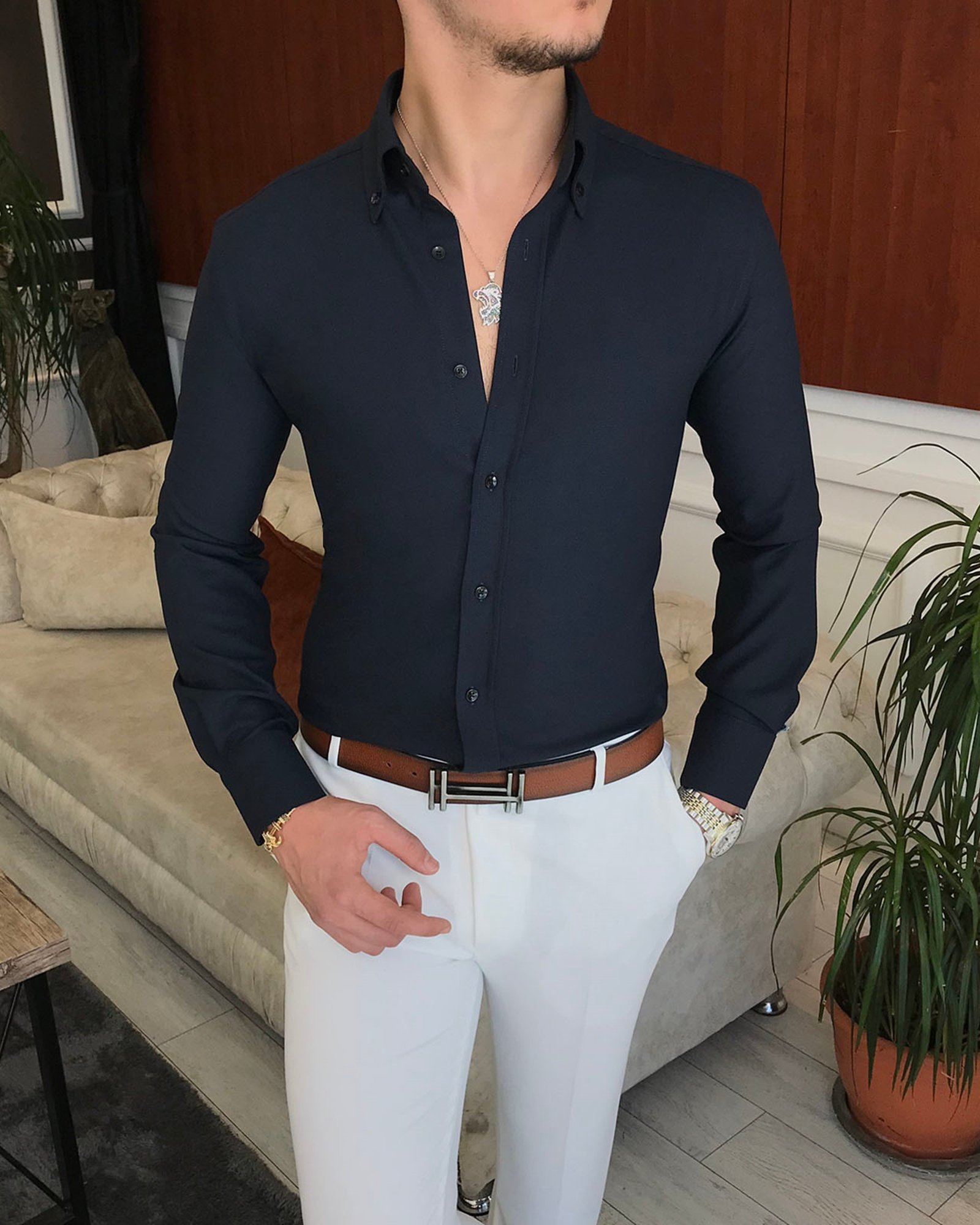 italyan stil slim fit erkek kışlık gömlek lacivert  T6710