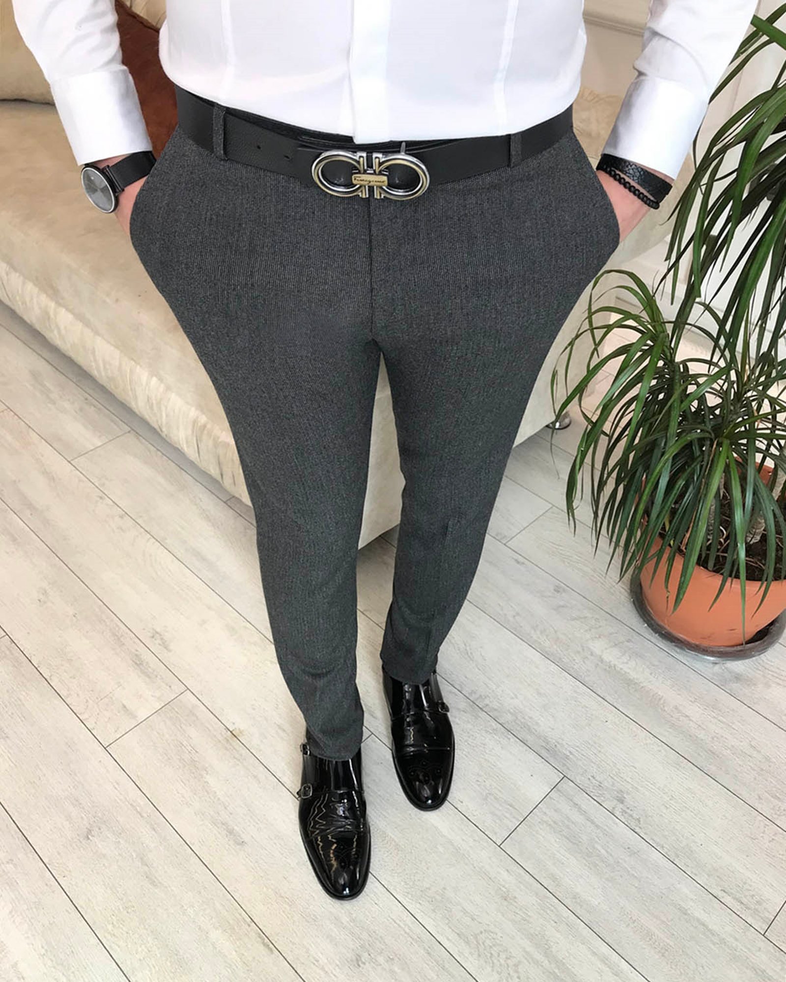 İtalyan stil slim fit erkek yün kumaş pantolon antrasit T6709
