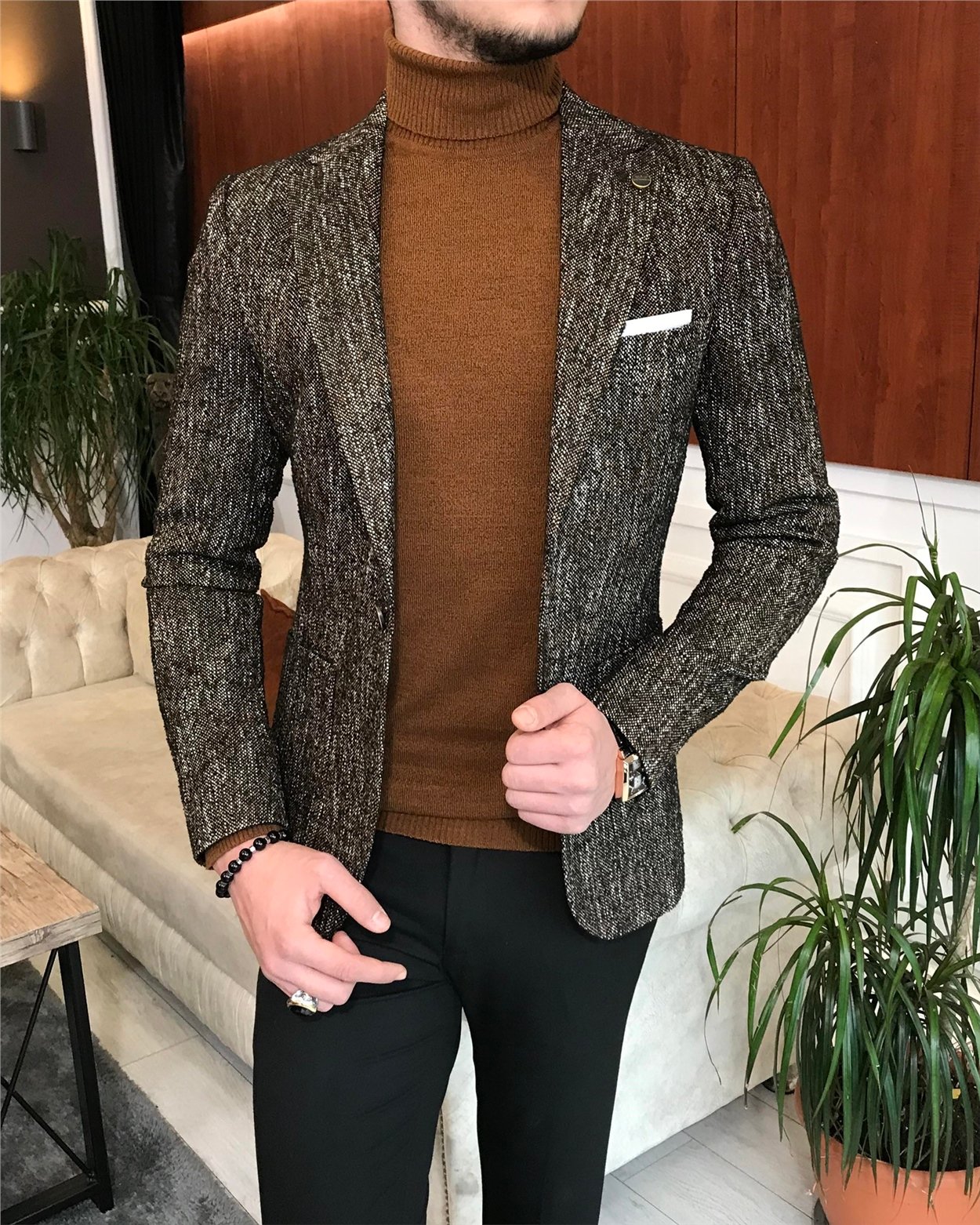 İtalyan stil slim fit erkek kışlık mono yaka tek ceket Kahverengi T6512