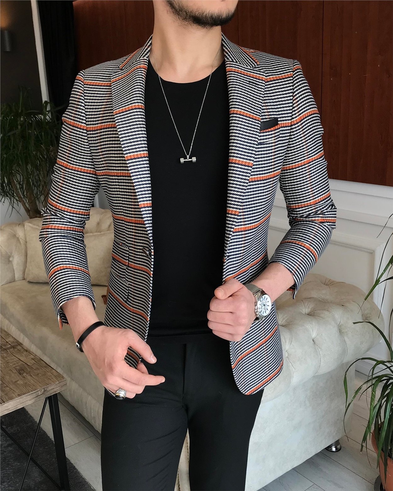 İtalyan stil slim fit erkek kışlık mono yaka tek ceket lacivert T6665