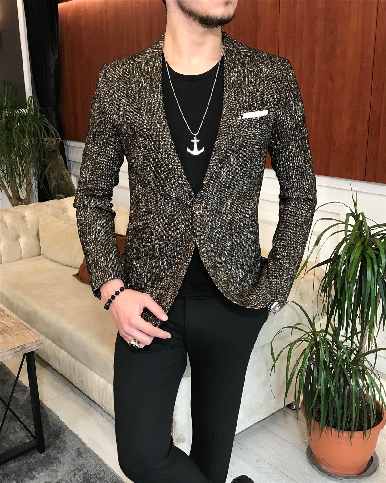İtalyan stil slim fit erkek kışlık mono yaka tek ceket Kahverengi T6512