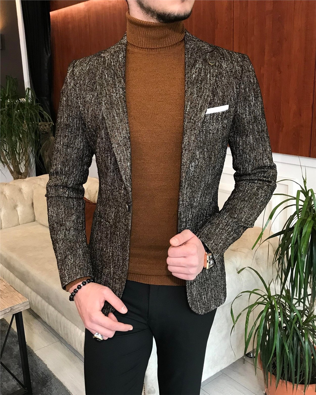 İtalyan stil slim fit erkek kışlık mono yaka tek ceket Kahverengi T6512