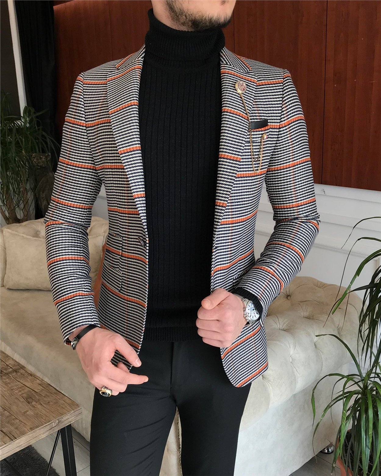 İtalyan stil slim fit erkek kışlık mono yaka tek ceket lacivert T6665