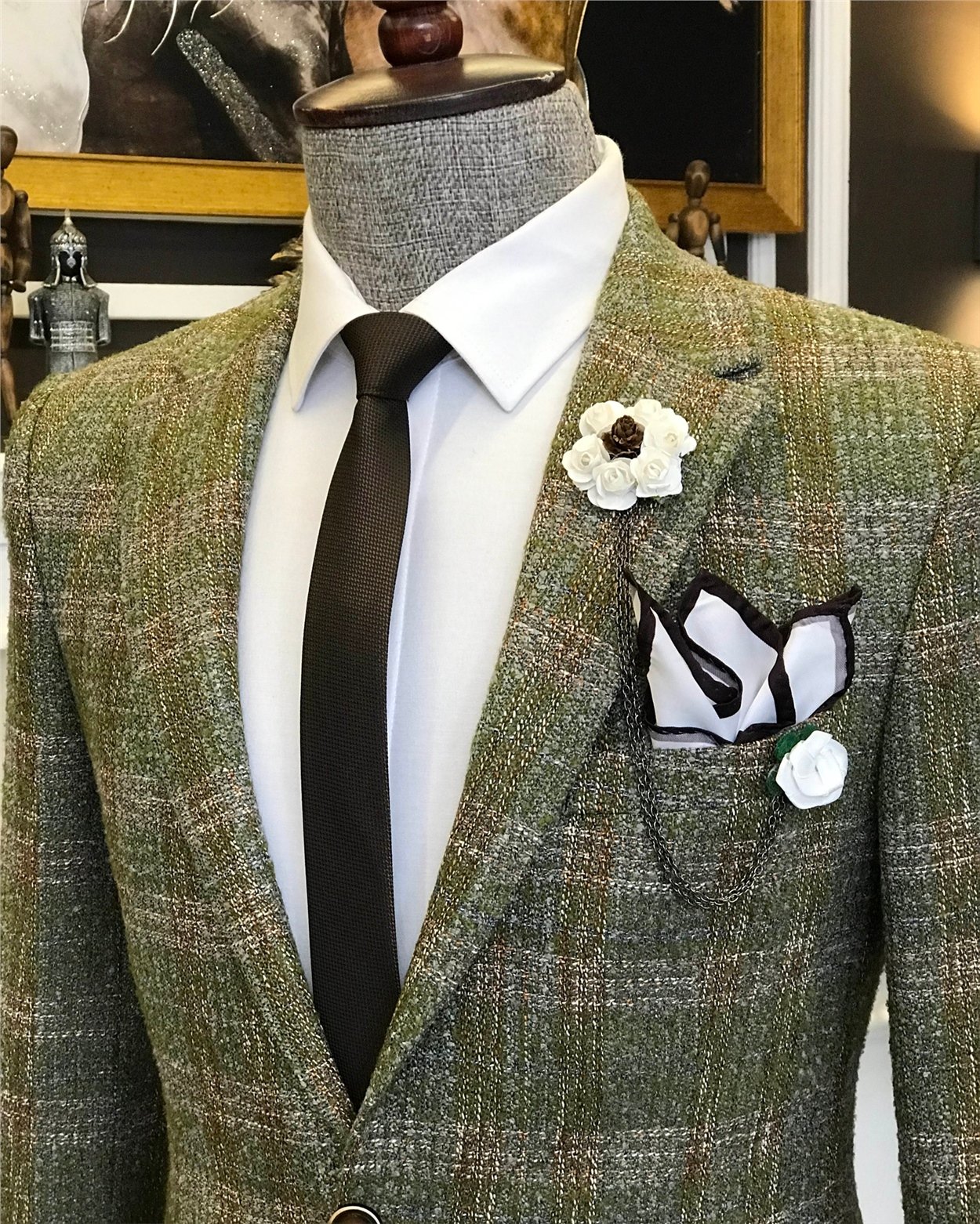 İtalyan stil slim fit erkek kışlık mono yaka tek ceket Yeşil T6541