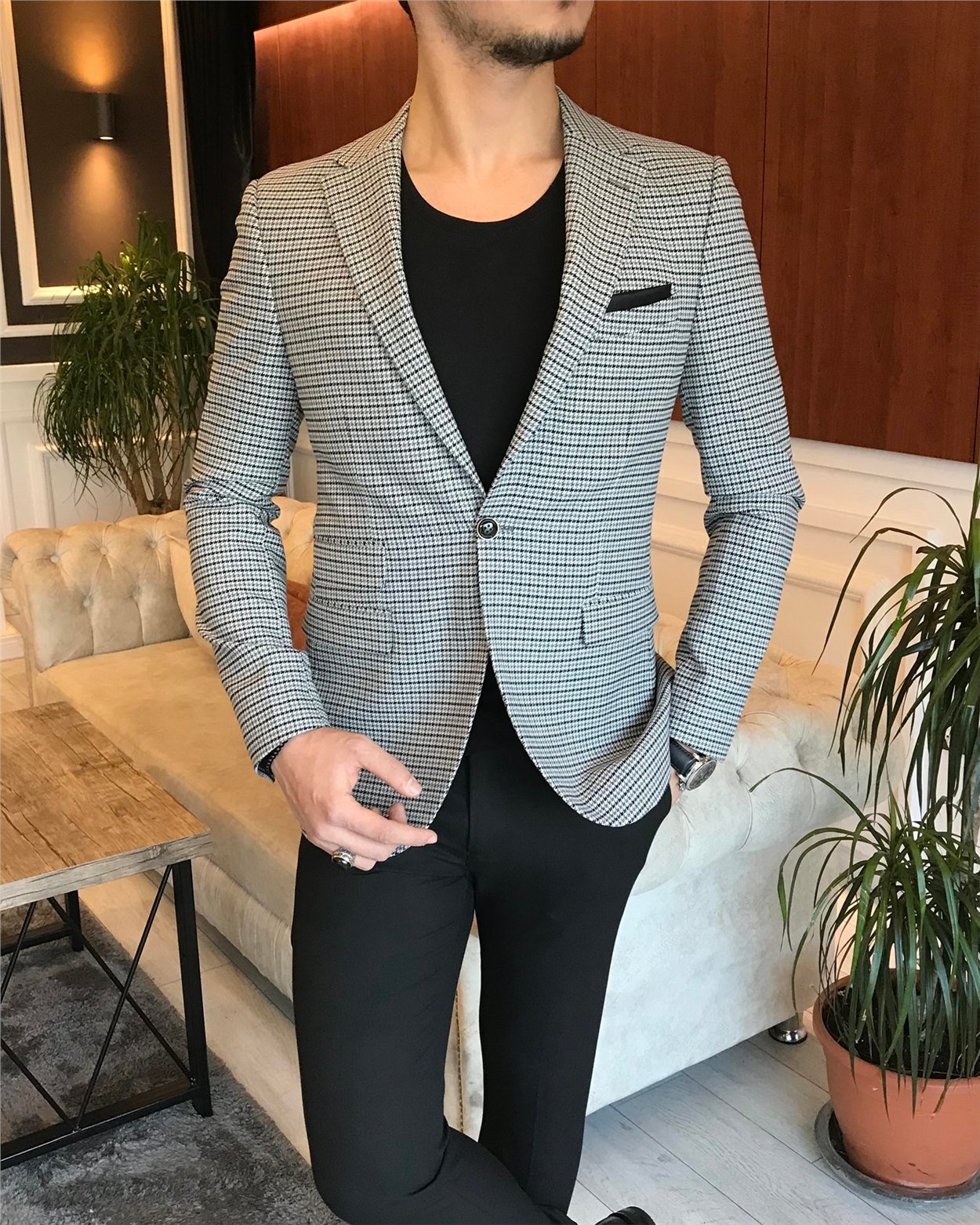 İtalyan stil slim fit erkek kışlık mono yaka tek ceket Gri T6603