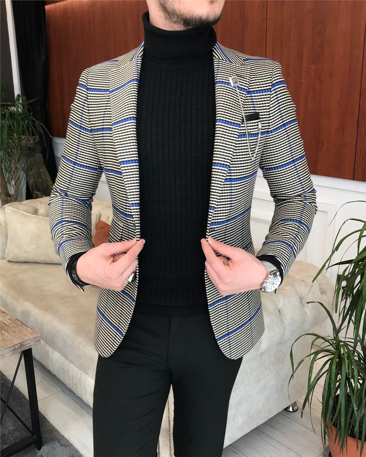 İtalyan stil slim fit erkek kışlık mono yaka tek ceket siyah T6664