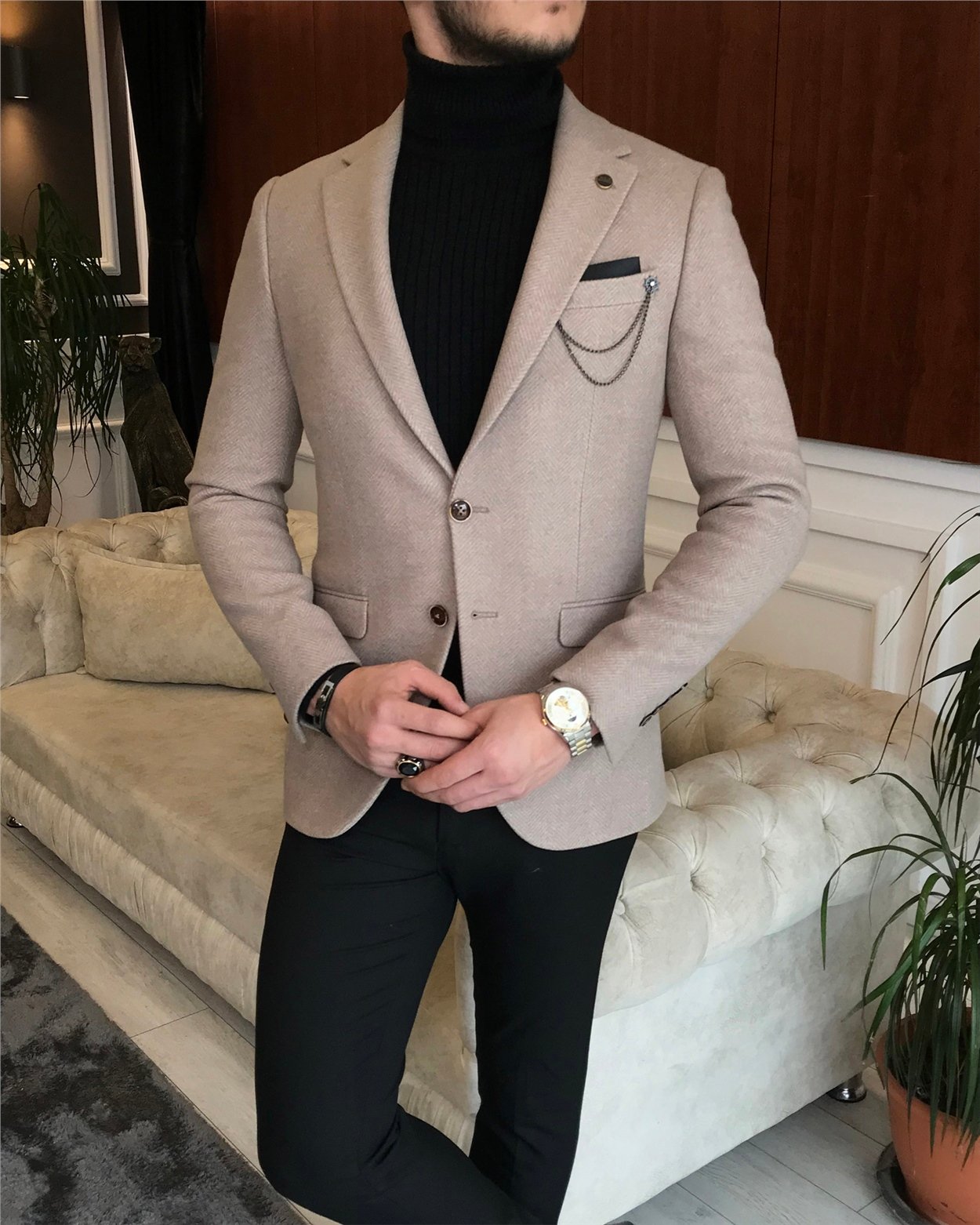 İtalyan stil slim fit erkek kışlık mono yaka tek ceket Camel T6475