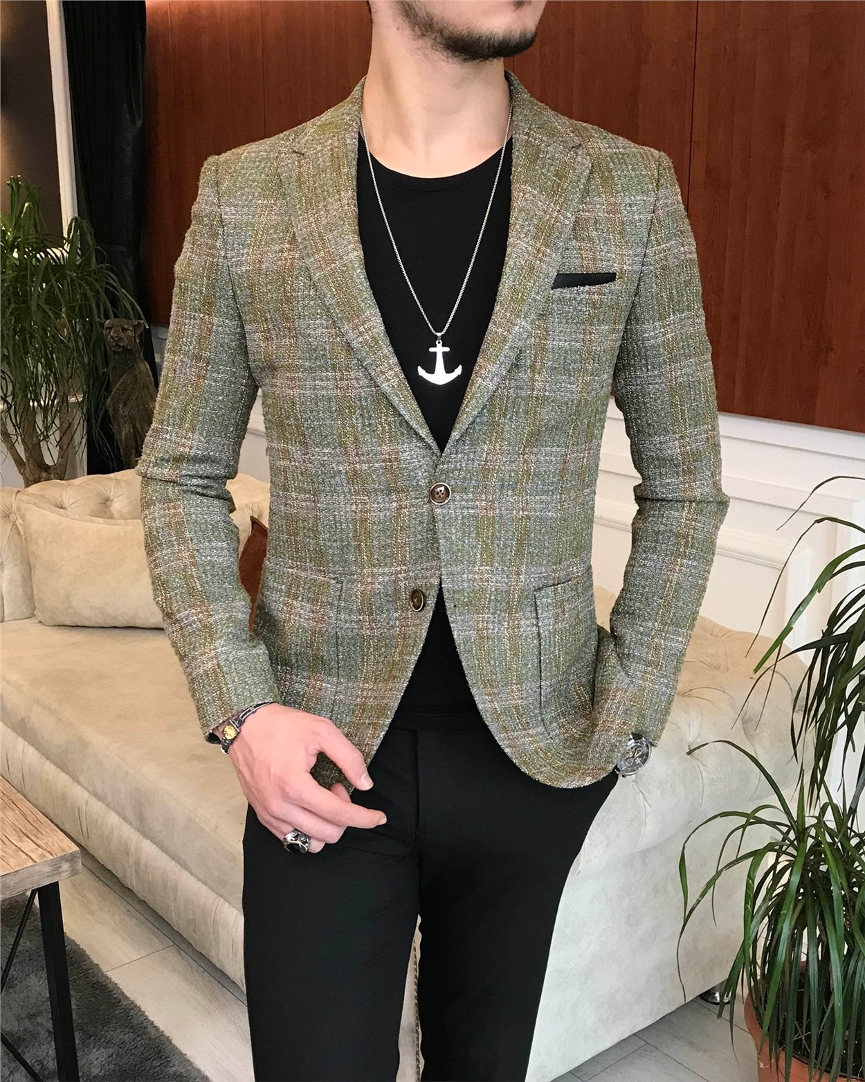 İtalyan stil slim fit erkek kışlık mono yaka tek ceket Yeşil T6541