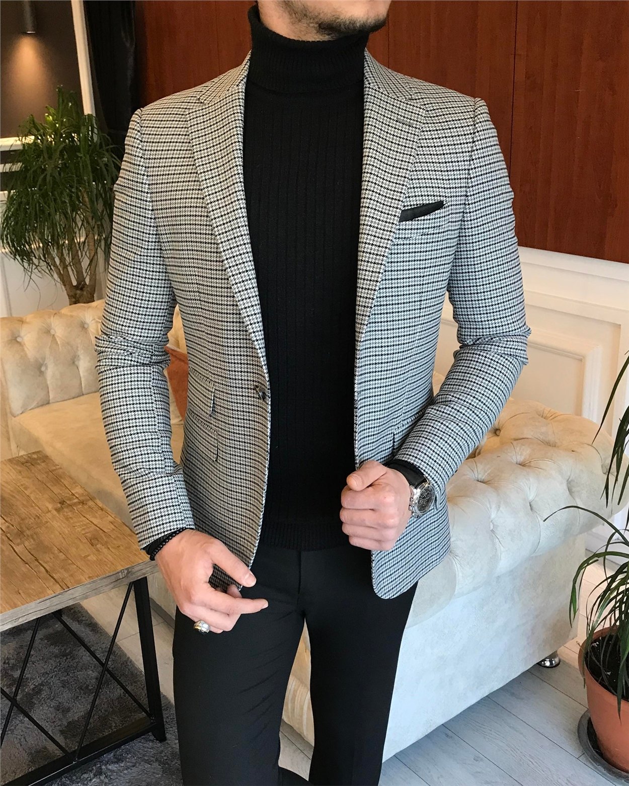 İtalyan stil slim fit erkek kışlık mono yaka tek ceket Gri T6603