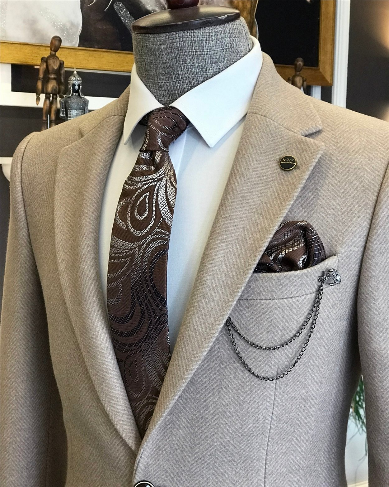 İtalyan stil slim fit erkek kışlık mono yaka tek ceket Camel T6475