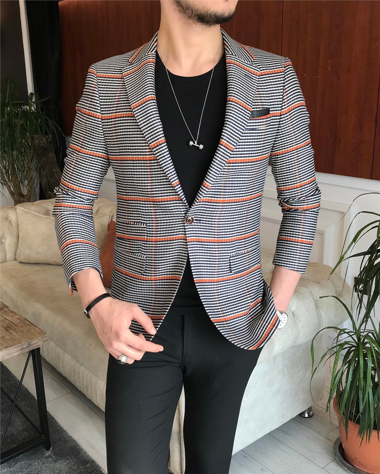 İtalyan stil slim fit erkek kışlık mono yaka tek ceket lacivert T6665