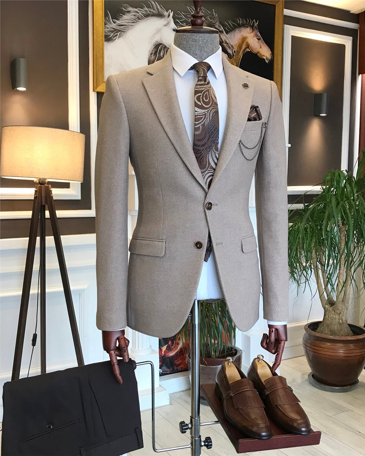 İtalyan stil slim fit erkek kışlık mono yaka tek ceket Camel T6475