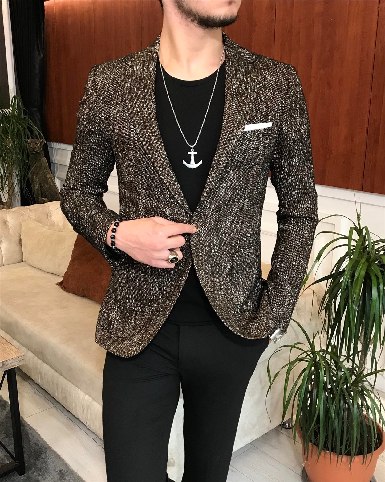İtalyan stil slim fit erkek kışlık mono yaka tek ceket Kahverengi T6512