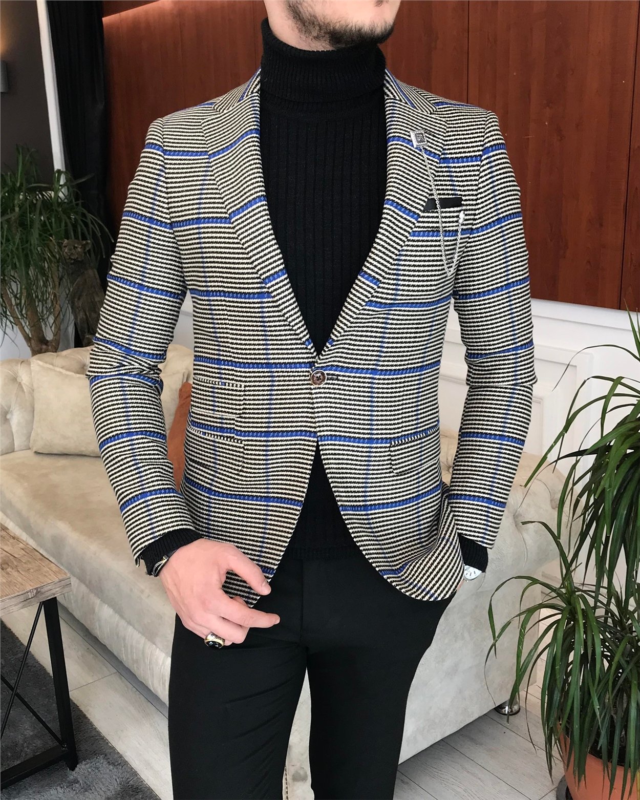 İtalyan stil slim fit erkek kışlık mono yaka tek ceket siyah T6664