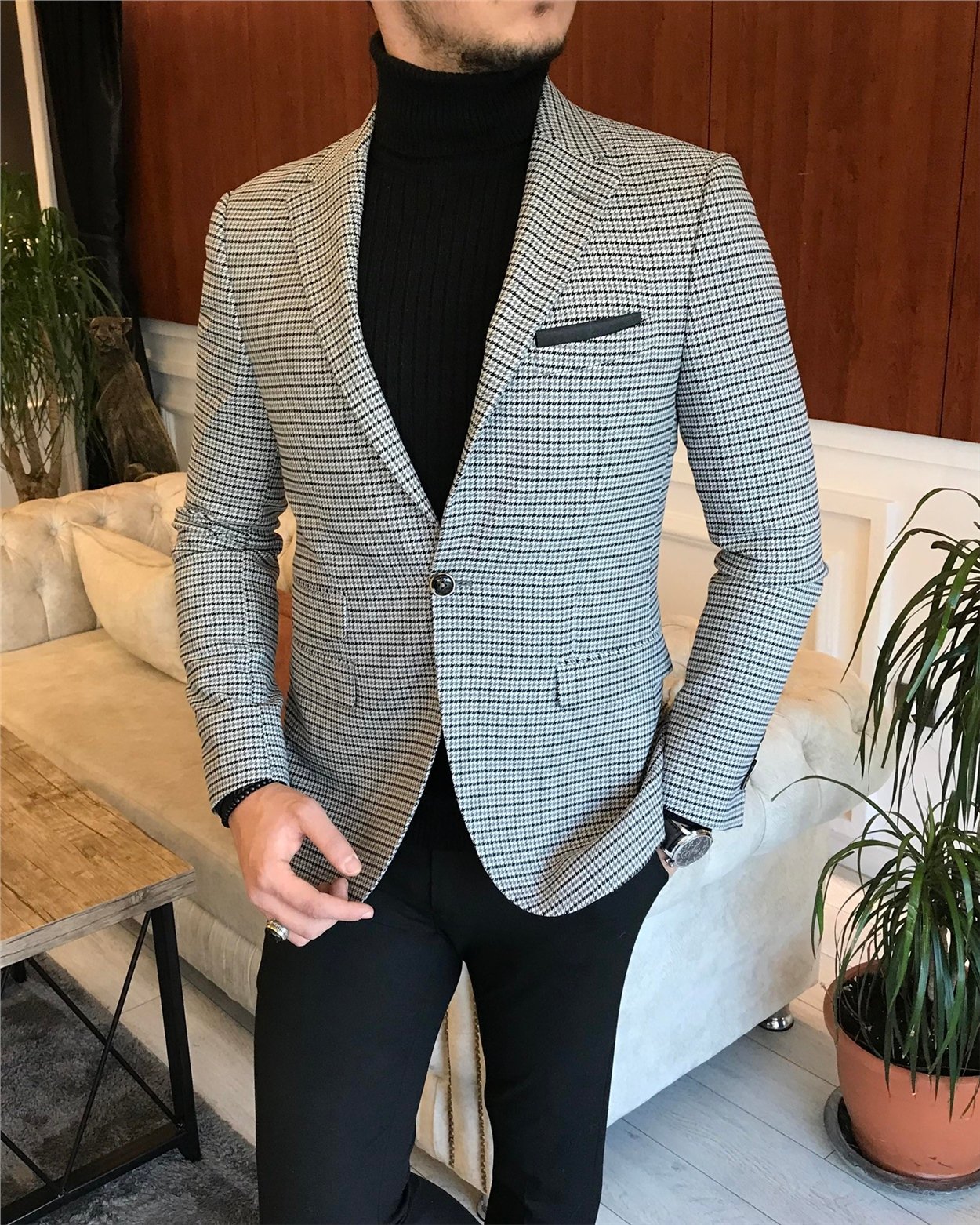 İtalyan stil slim fit erkek kışlık mono yaka tek ceket Gri T6603