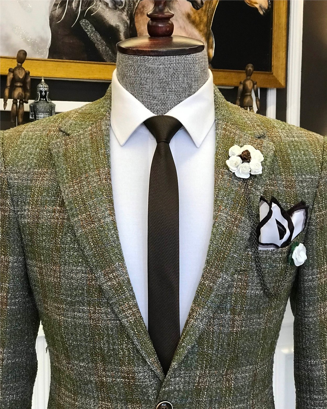 İtalyan stil slim fit erkek kışlık mono yaka tek ceket Yeşil T6541