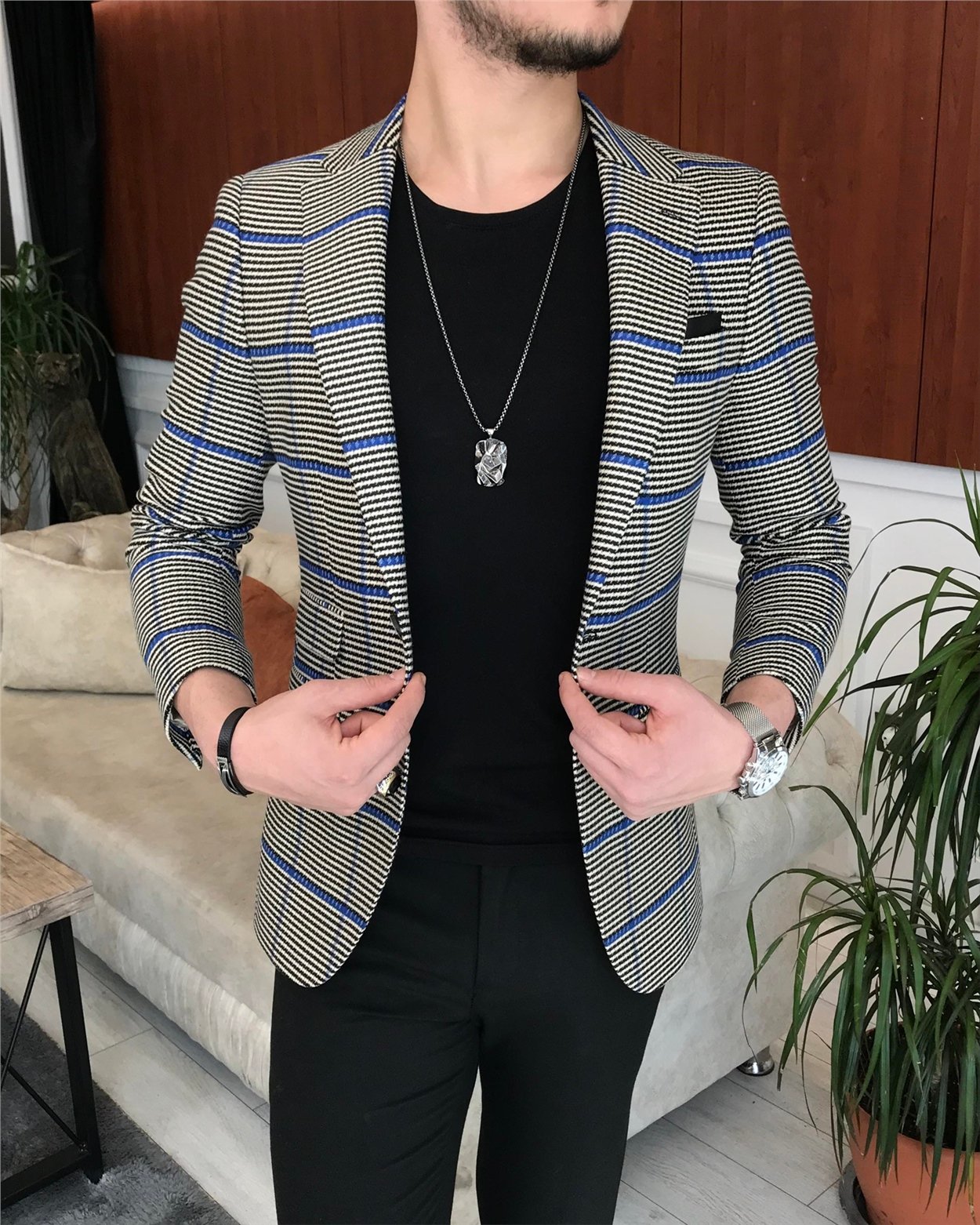 İtalyan stil slim fit erkek kışlık mono yaka tek ceket siyah T6664