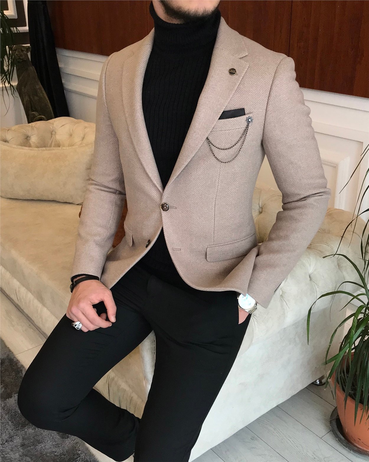 İtalyan stil slim fit erkek kışlık mono yaka tek ceket Camel T6475