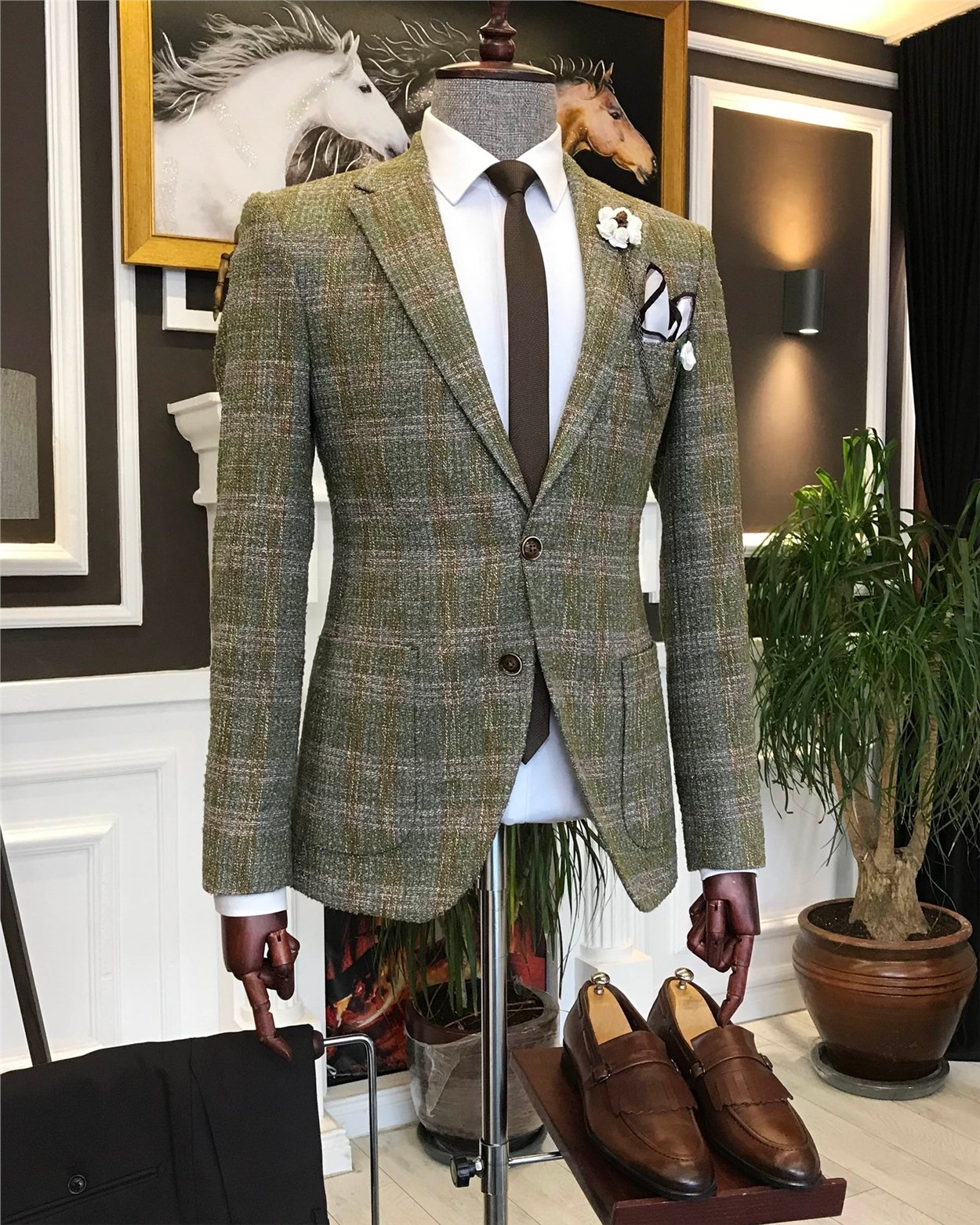 İtalyan stil slim fit erkek kışlık mono yaka tek ceket Yeşil T6541