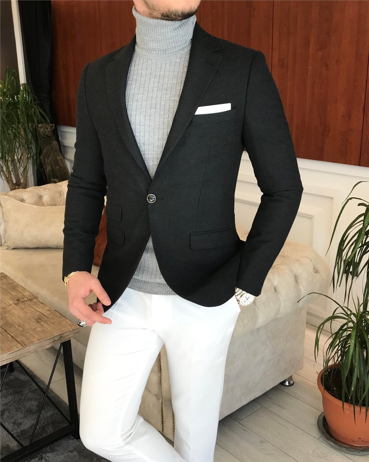 İtalyan stil slim fit erkek kışlık mono yaka tek ceket antrasit T6610