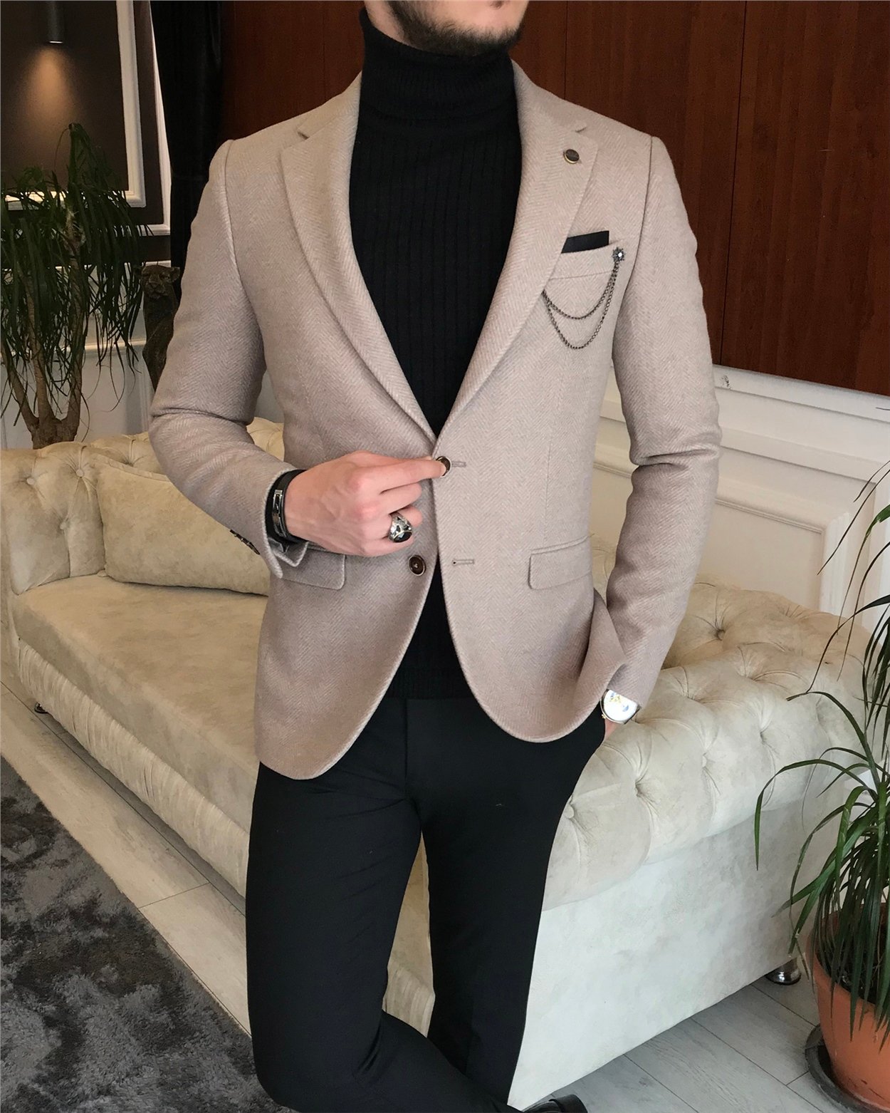 İtalyan stil slim fit erkek kışlık mono yaka tek ceket Camel T6475