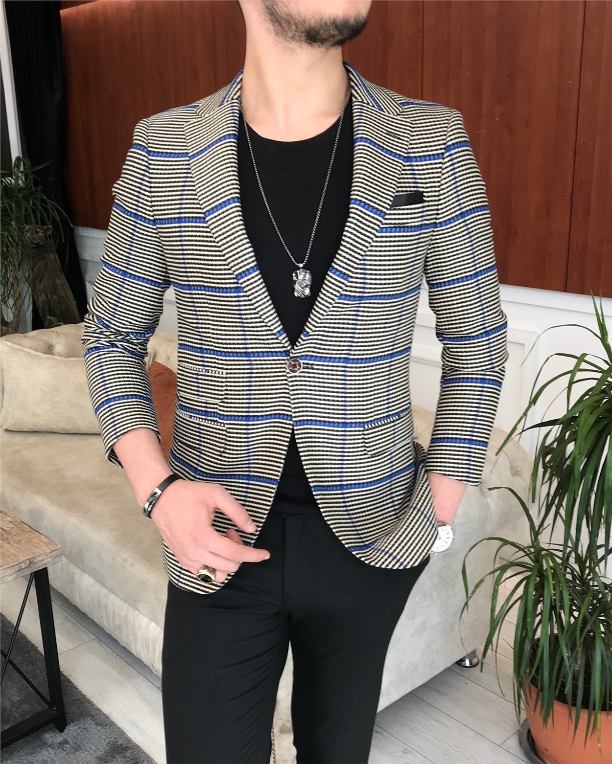 İtalyan stil slim fit erkek kışlık mono yaka tek ceket siyah T6664