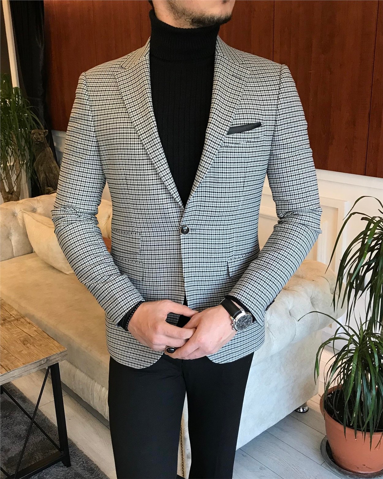 İtalyan stil slim fit erkek kışlık mono yaka tek ceket Gri T6603