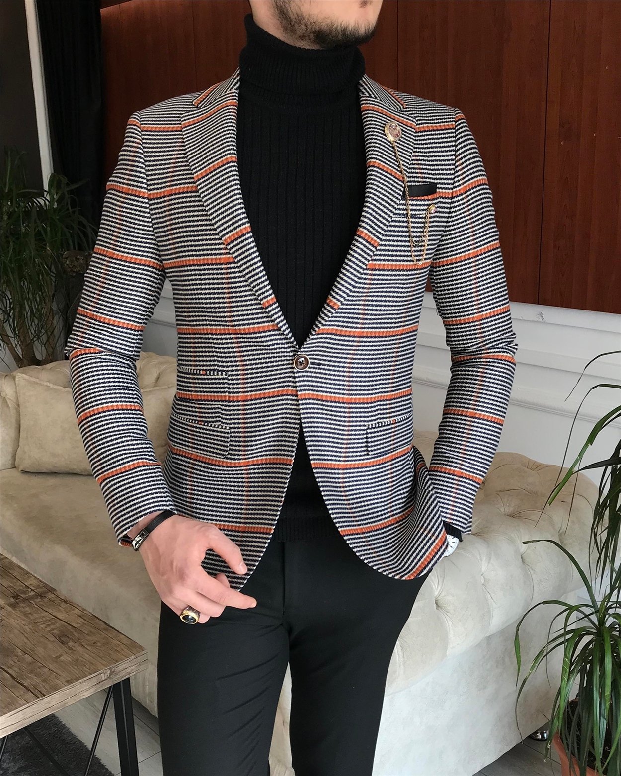 İtalyan stil slim fit erkek kışlık mono yaka tek ceket lacivert T6665