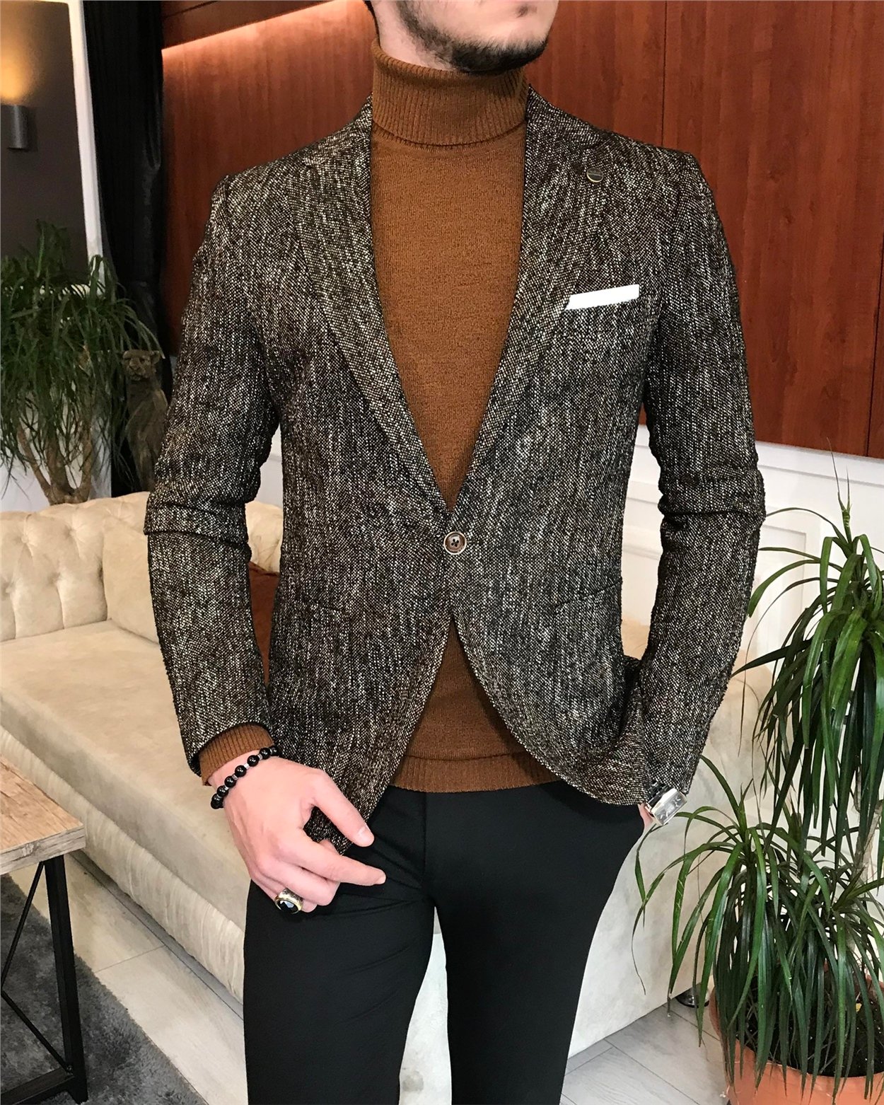 İtalyan stil slim fit erkek kışlık mono yaka tek ceket Kahverengi T6512