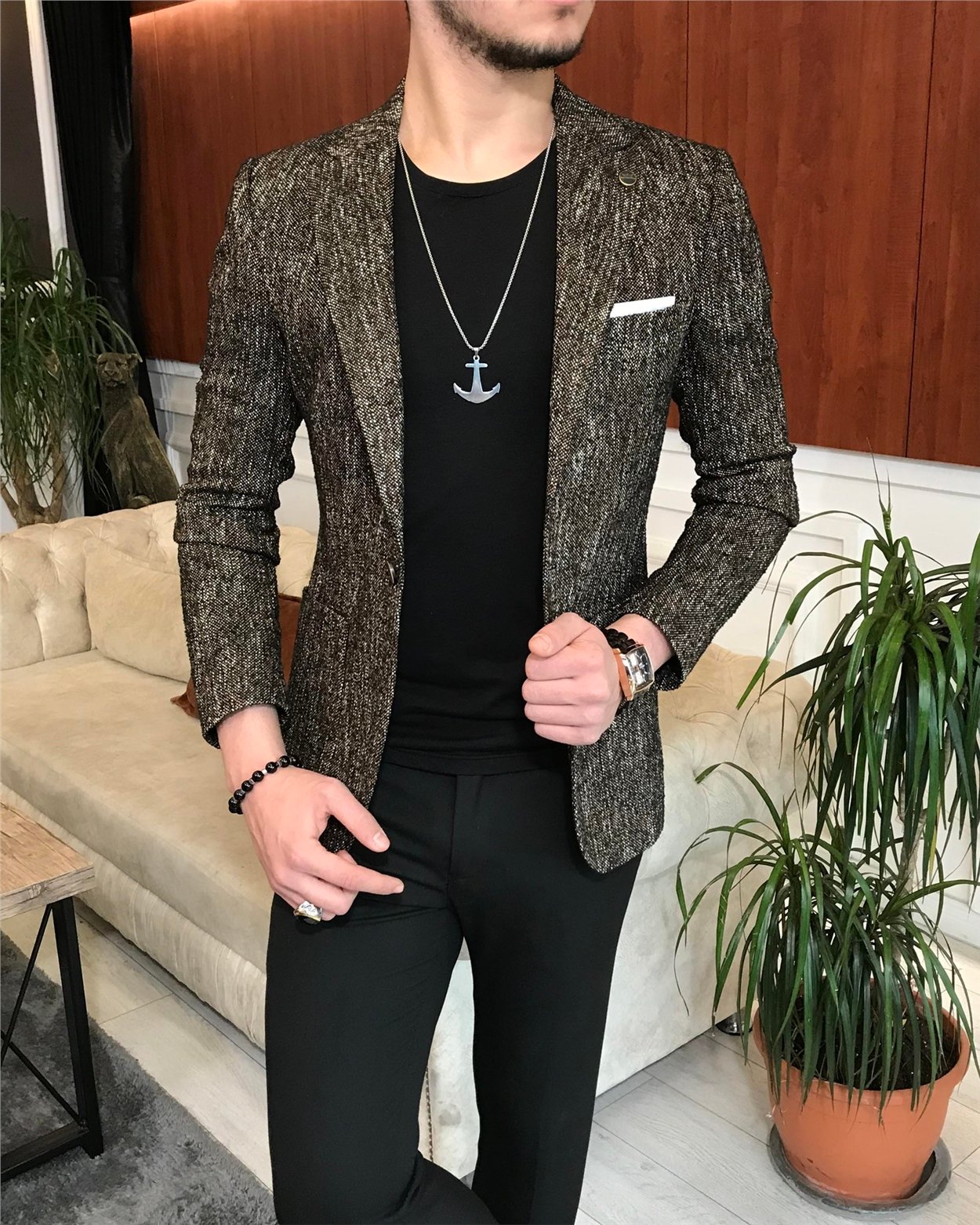 İtalyan stil slim fit erkek kışlık mono yaka tek ceket Kahverengi T6512