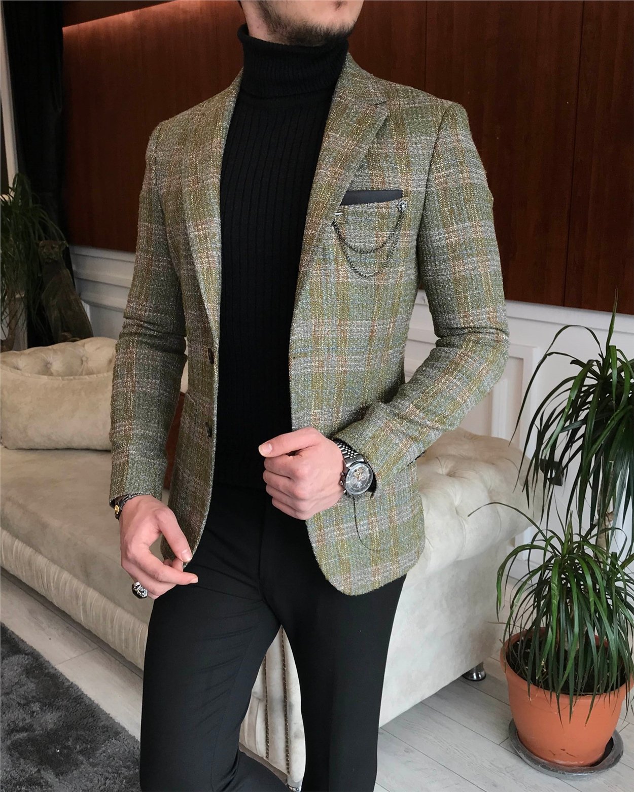 İtalyan stil slim fit erkek kışlık mono yaka tek ceket Yeşil T6541