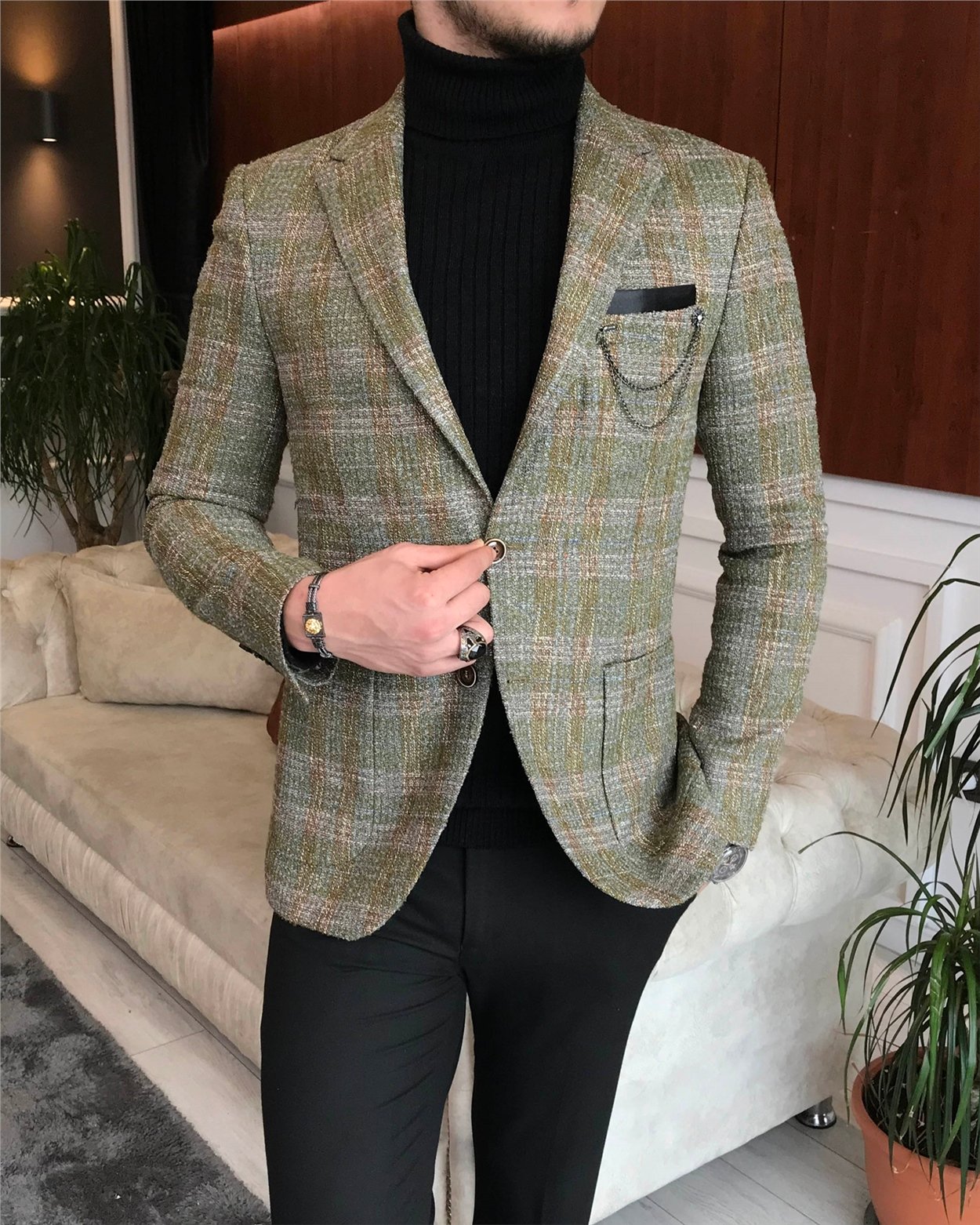 İtalyan stil slim fit erkek kışlık mono yaka tek ceket Yeşil T6541