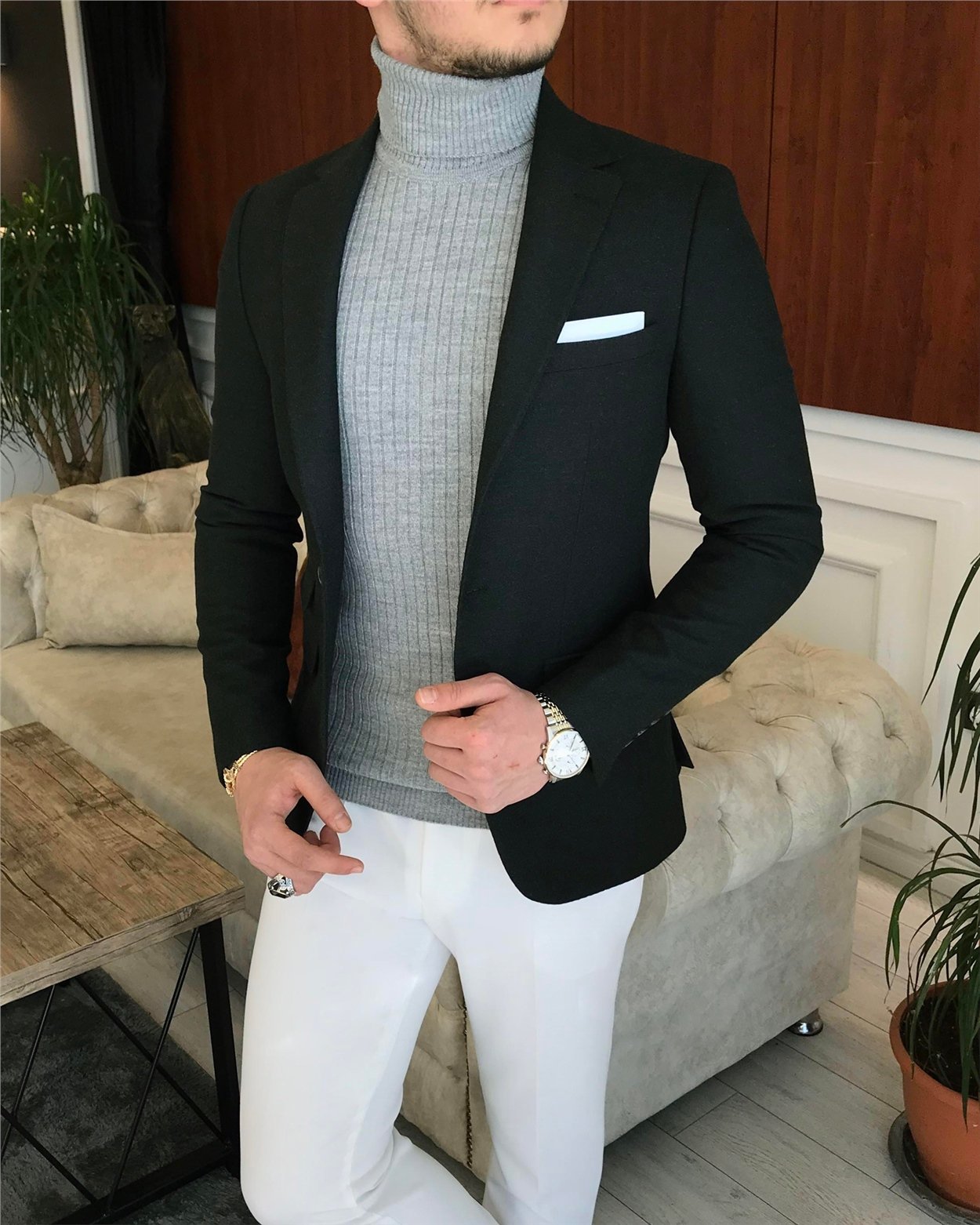 İtalyan stil slim fit erkek kışlık mono yaka tek ceket antrasit T6610