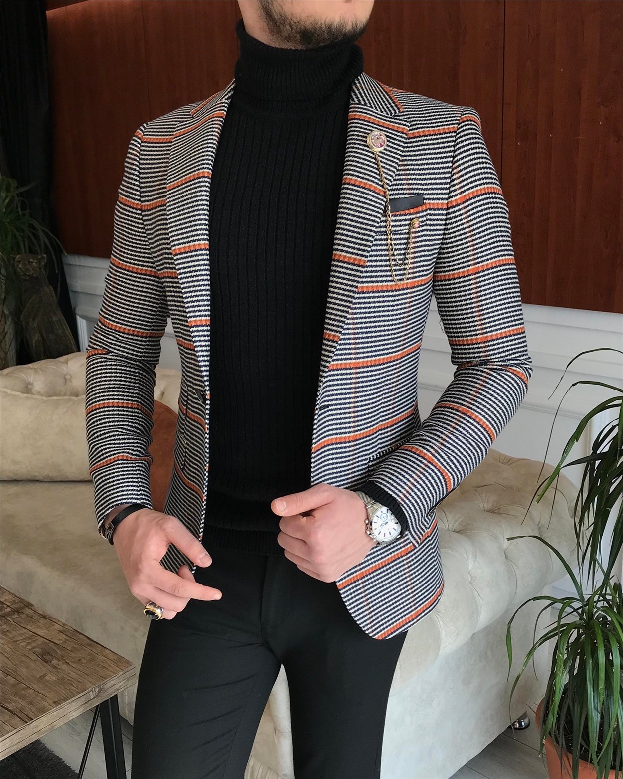 İtalyan stil slim fit erkek kışlık mono yaka tek ceket lacivert T6665