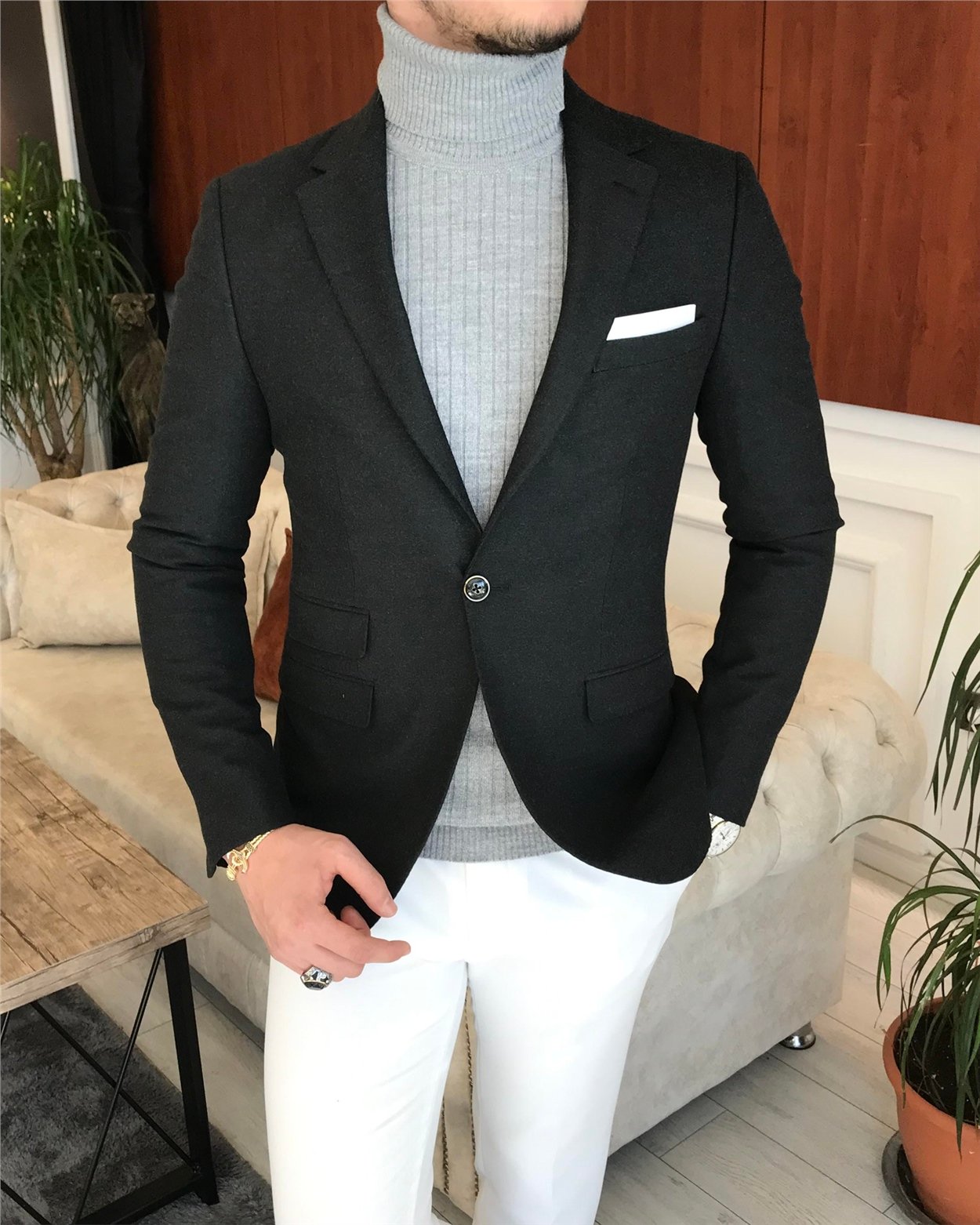 İtalyan stil slim fit erkek kışlık mono yaka tek ceket antrasit T6610