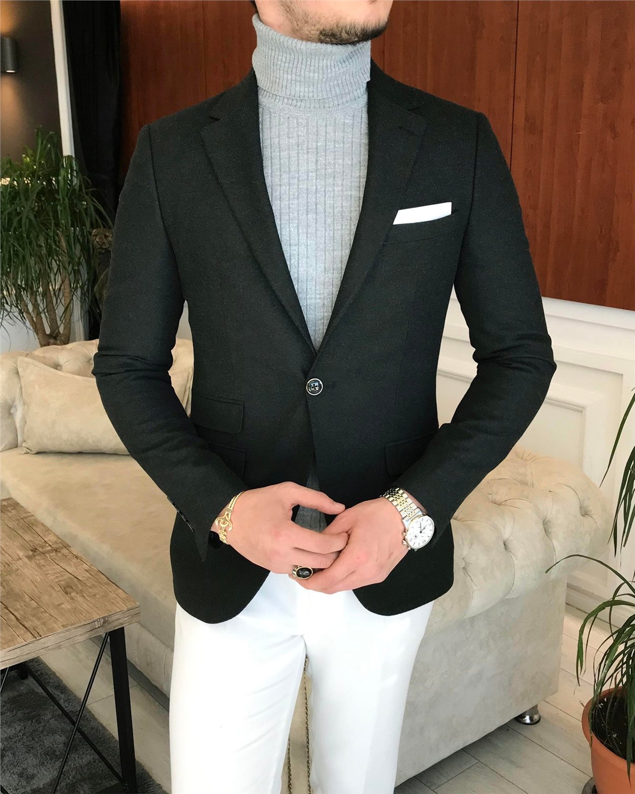 İtalyan stil slim fit erkek kışlık mono yaka tek ceket antrasit T6610