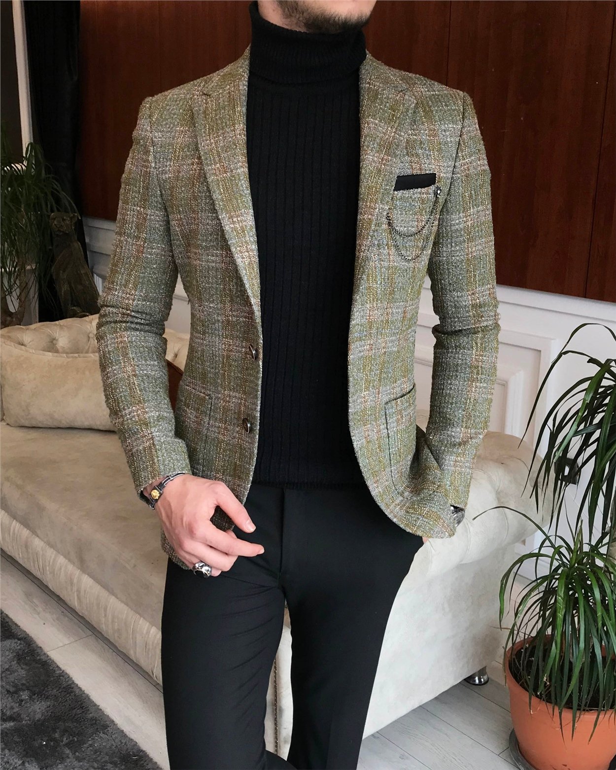 İtalyan stil slim fit erkek kışlık mono yaka tek ceket Yeşil T6541