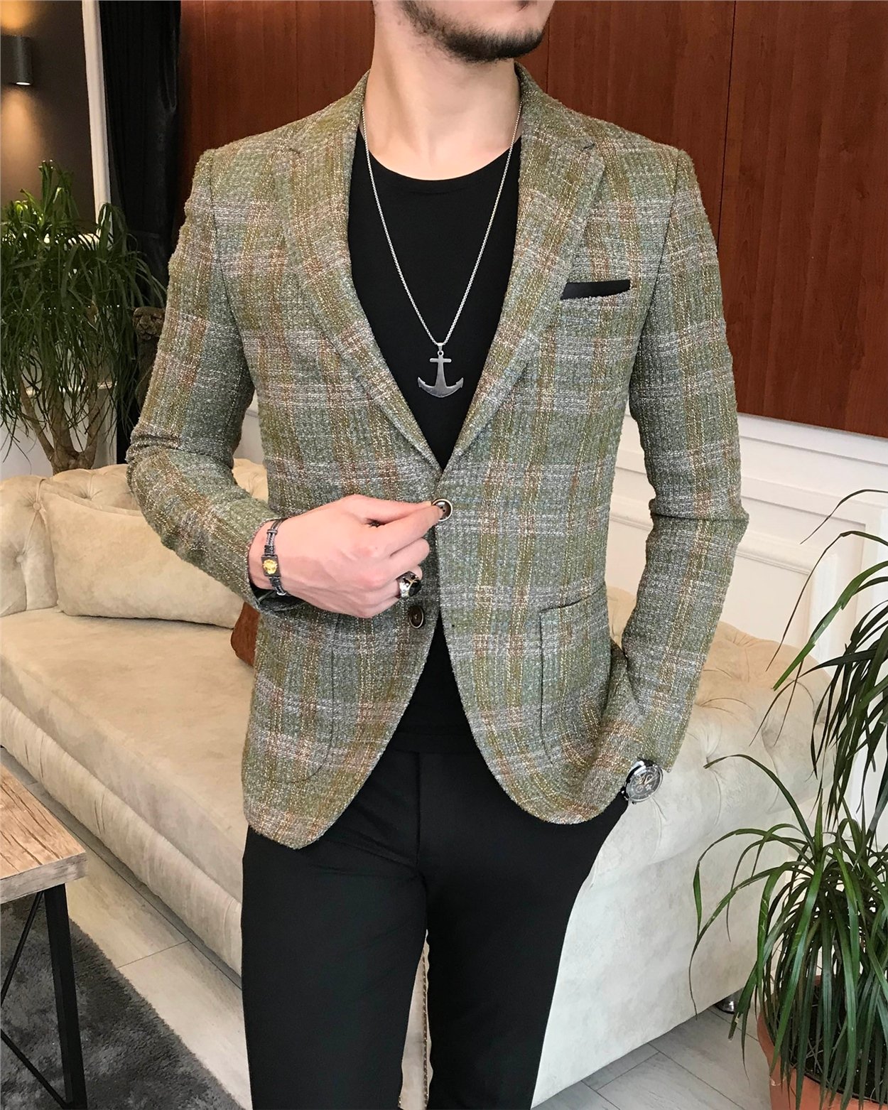 İtalyan stil slim fit erkek kışlık mono yaka tek ceket Yeşil T6541