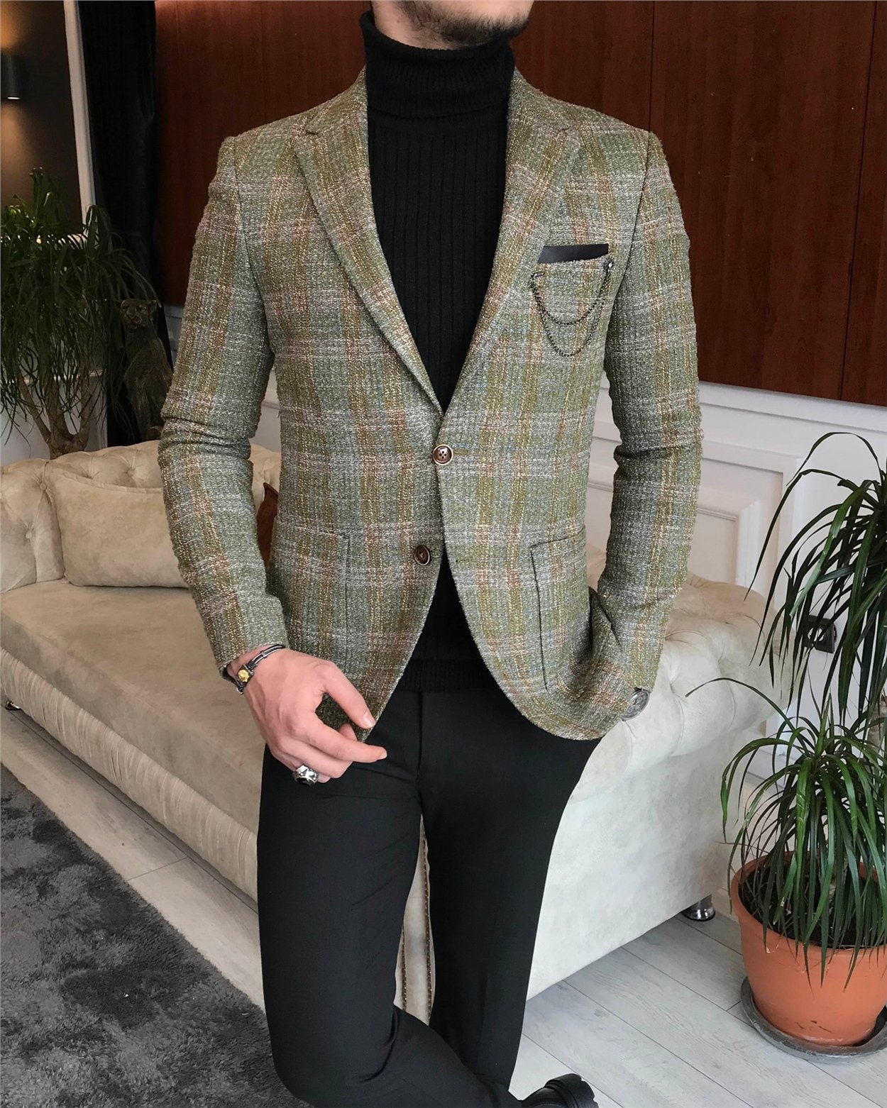 İtalyan stil slim fit erkek kışlık mono yaka tek ceket Yeşil T6541