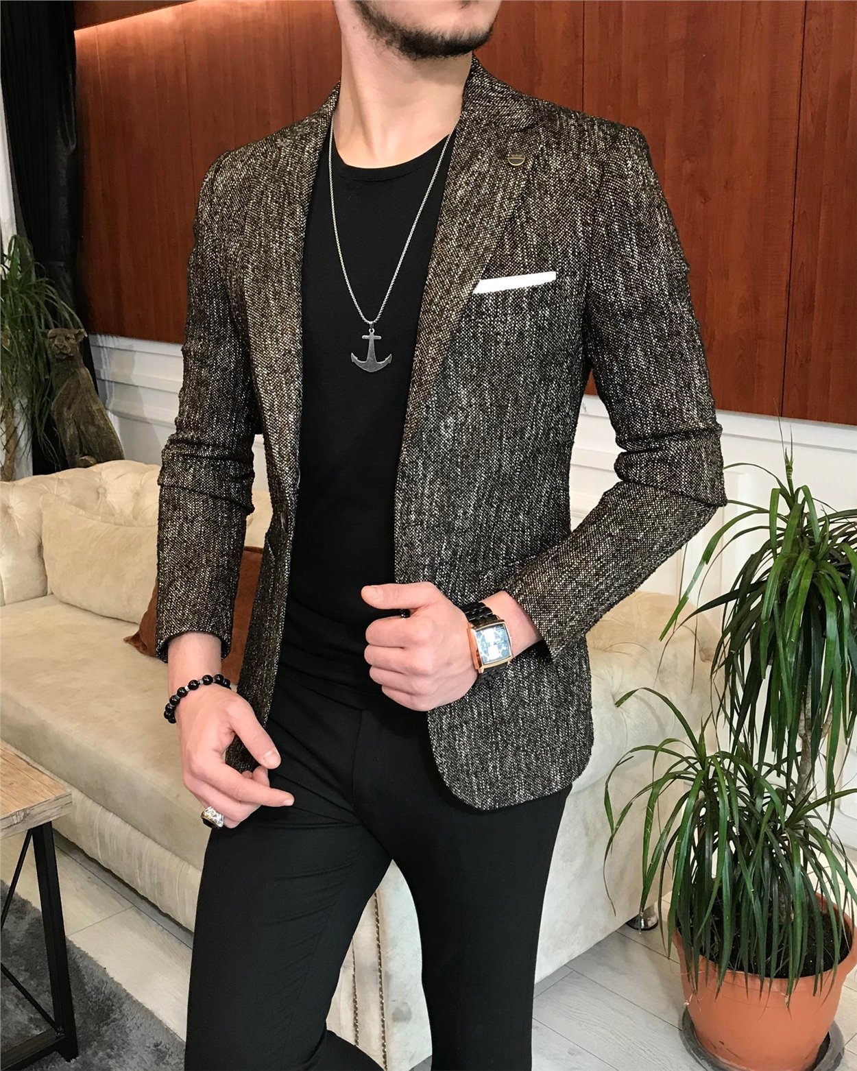 İtalyan stil slim fit erkek kışlık mono yaka tek ceket Kahverengi T6512