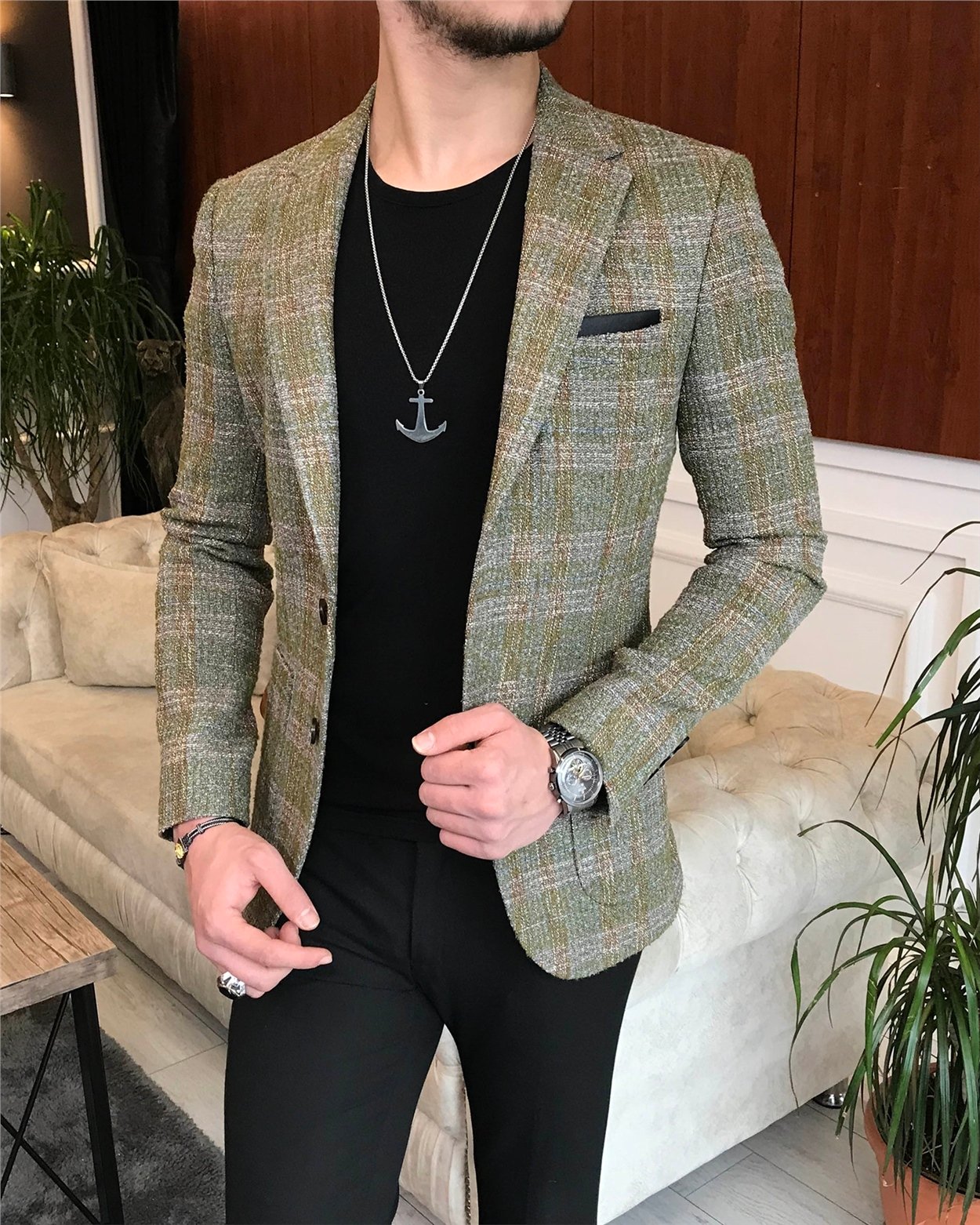 İtalyan stil slim fit erkek kışlık mono yaka tek ceket Yeşil T6541