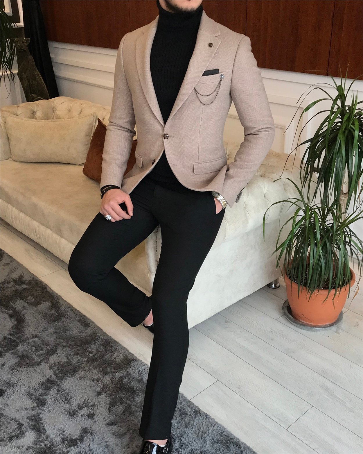İtalyan stil slim fit erkek kışlık mono yaka tek ceket Camel T6475