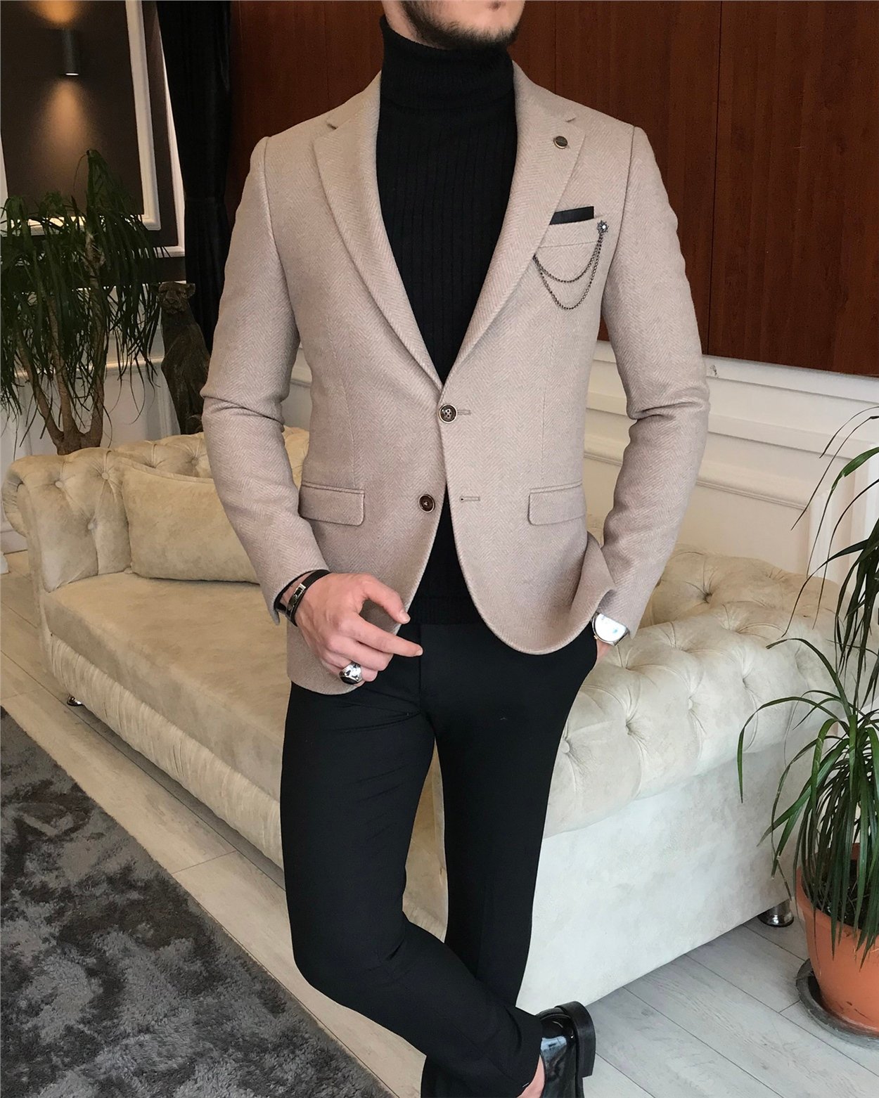 İtalyan stil slim fit erkek kışlık mono yaka tek ceket Camel T6475