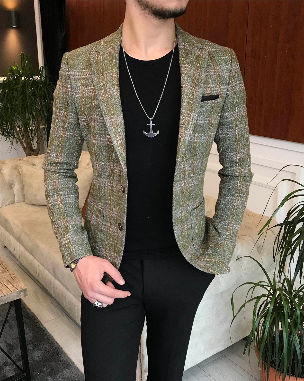 İtalyan stil slim fit erkek kışlık mono yaka tek ceket Yeşil T6541