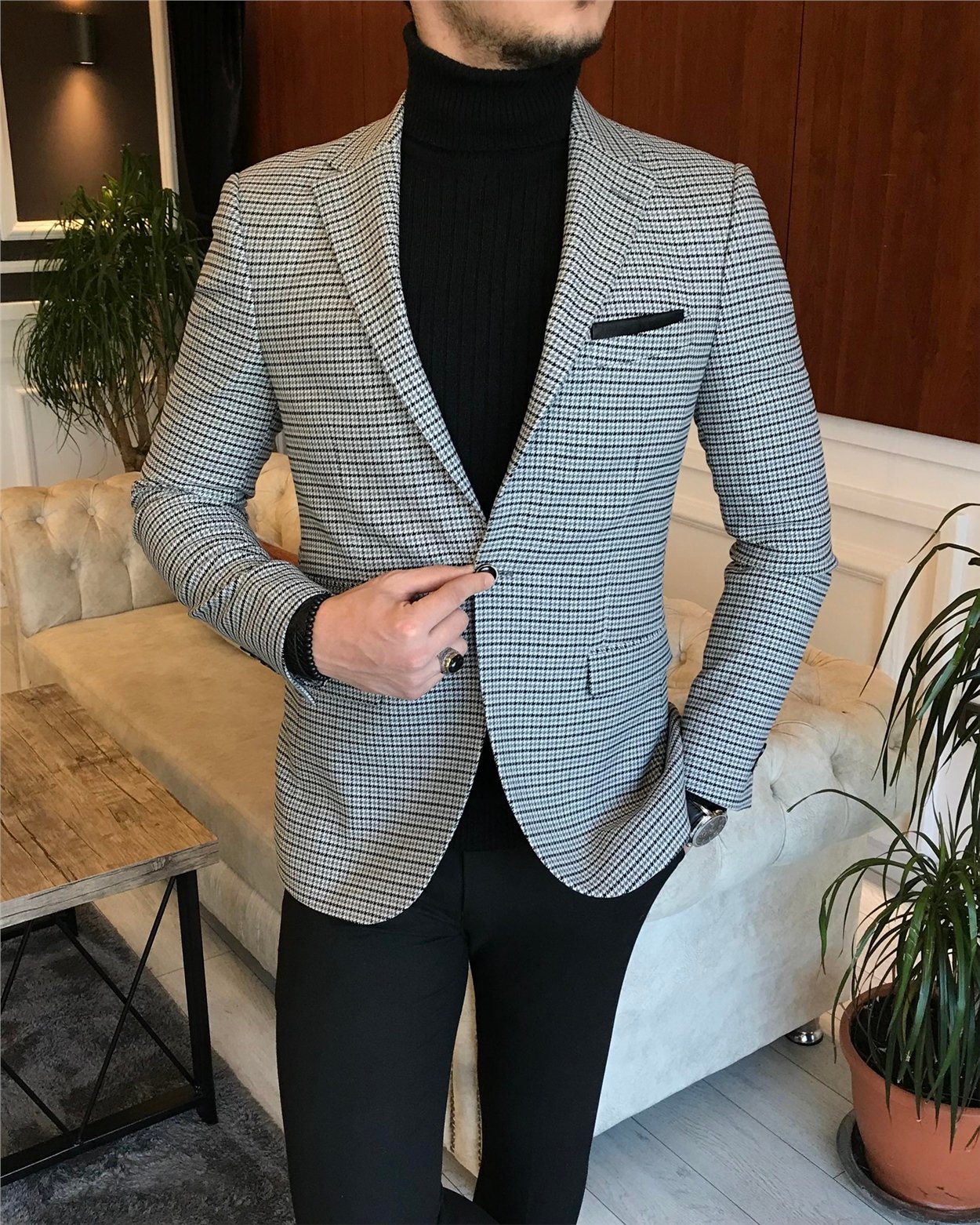 İtalyan stil slim fit erkek kışlık mono yaka tek ceket Gri T6603