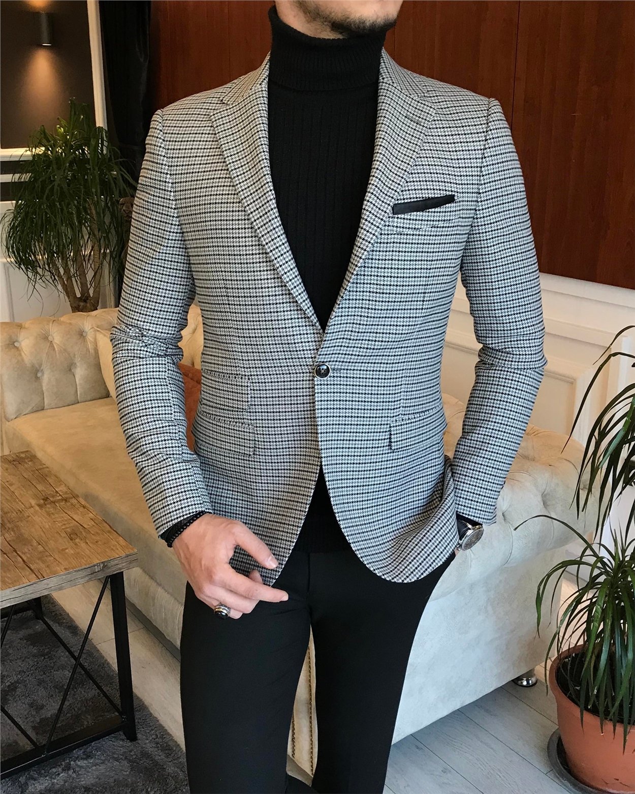 İtalyan stil slim fit erkek kışlık mono yaka tek ceket Gri T6603