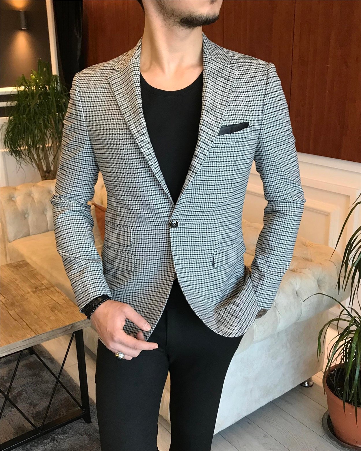 İtalyan stil slim fit erkek kışlık mono yaka tek ceket Gri T6603
