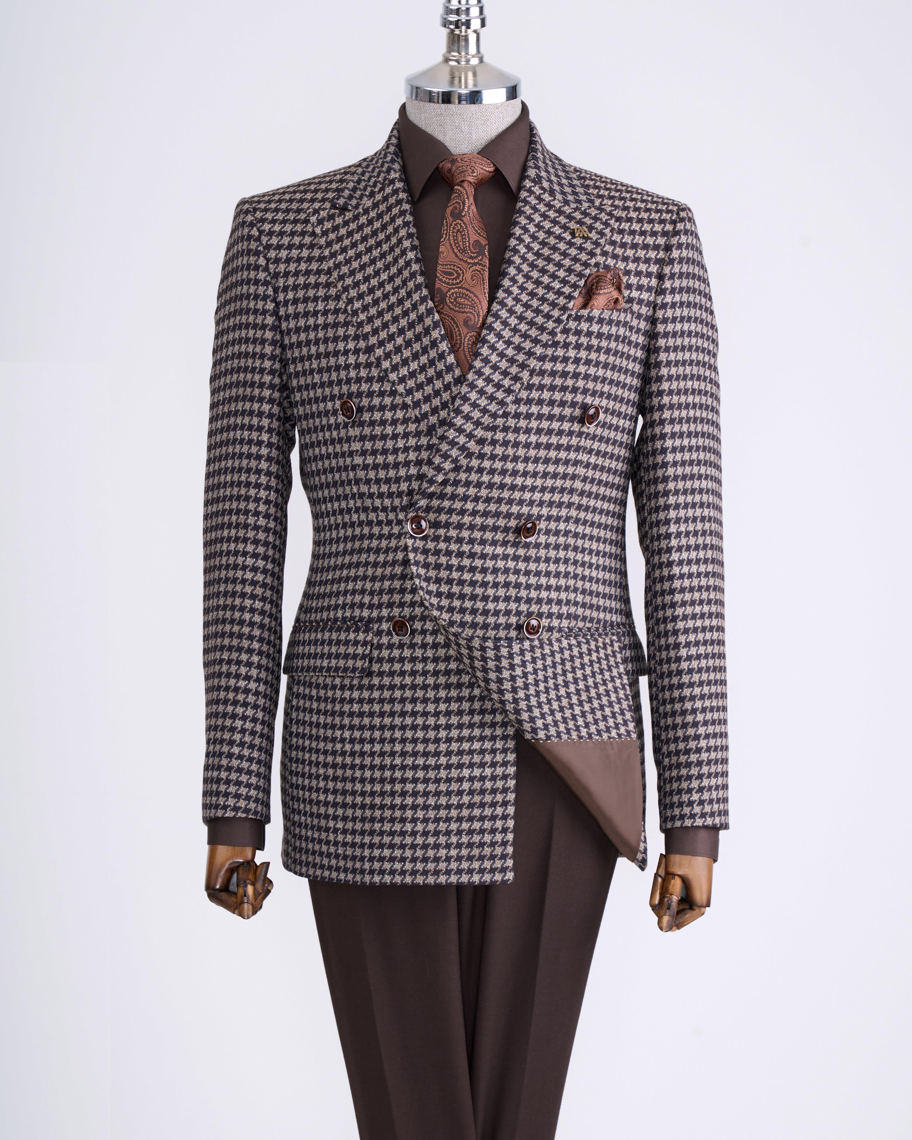 İtalyan stil slim fit erkek kombin ceket pantolon takım elbise kahverengi T13082